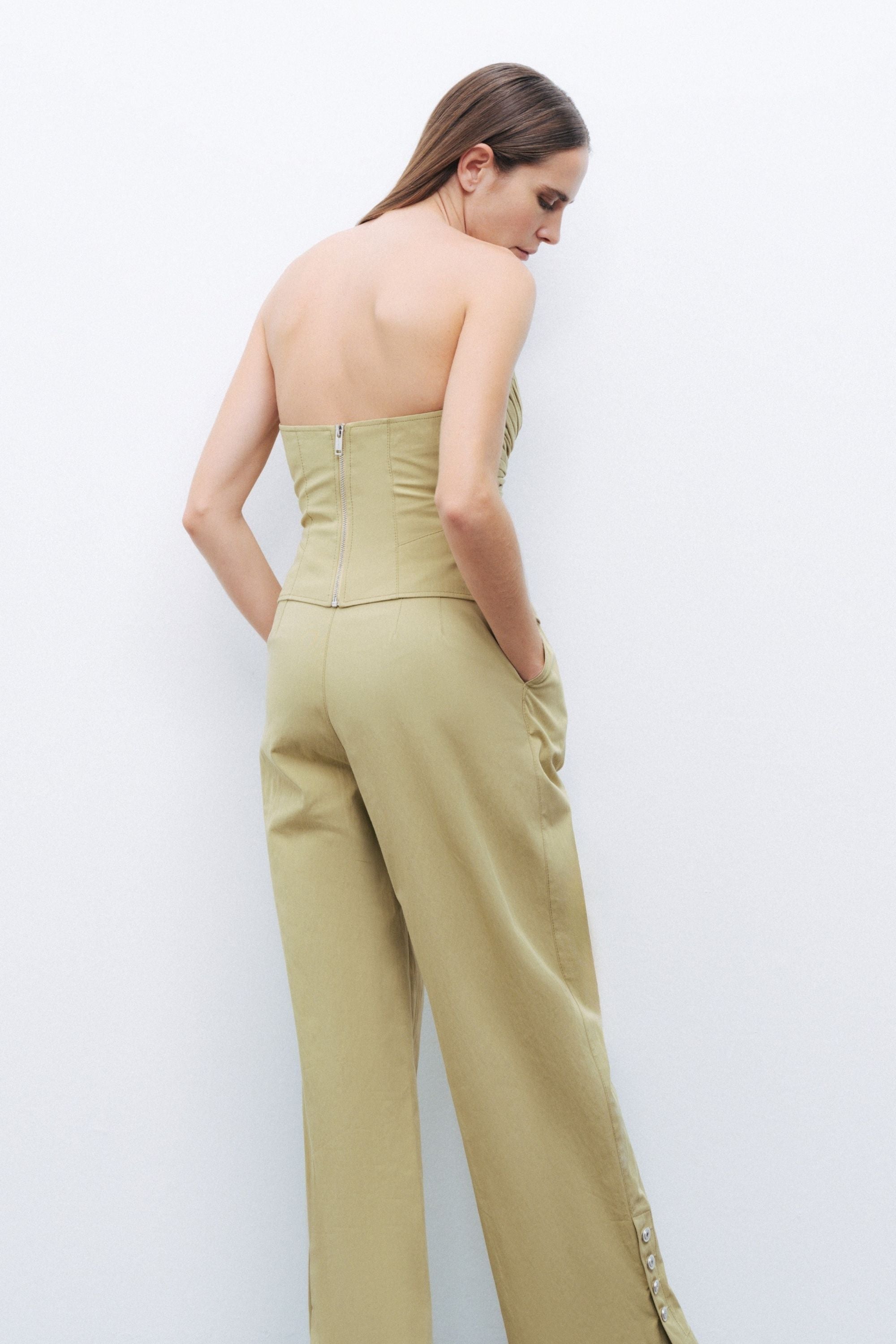 Almond-Accented Strapless Crop Top