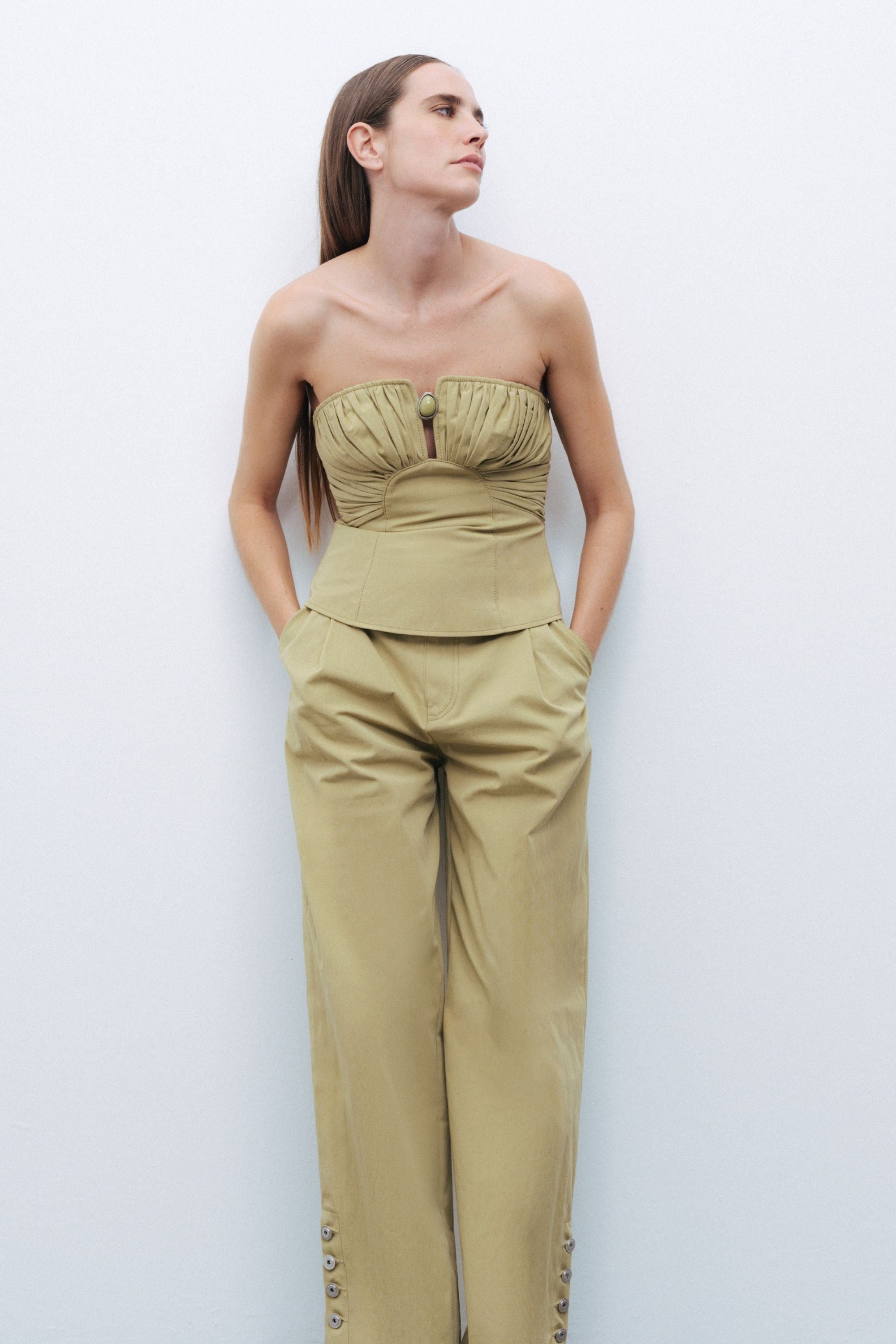 Almond-Accented Strapless Crop Top