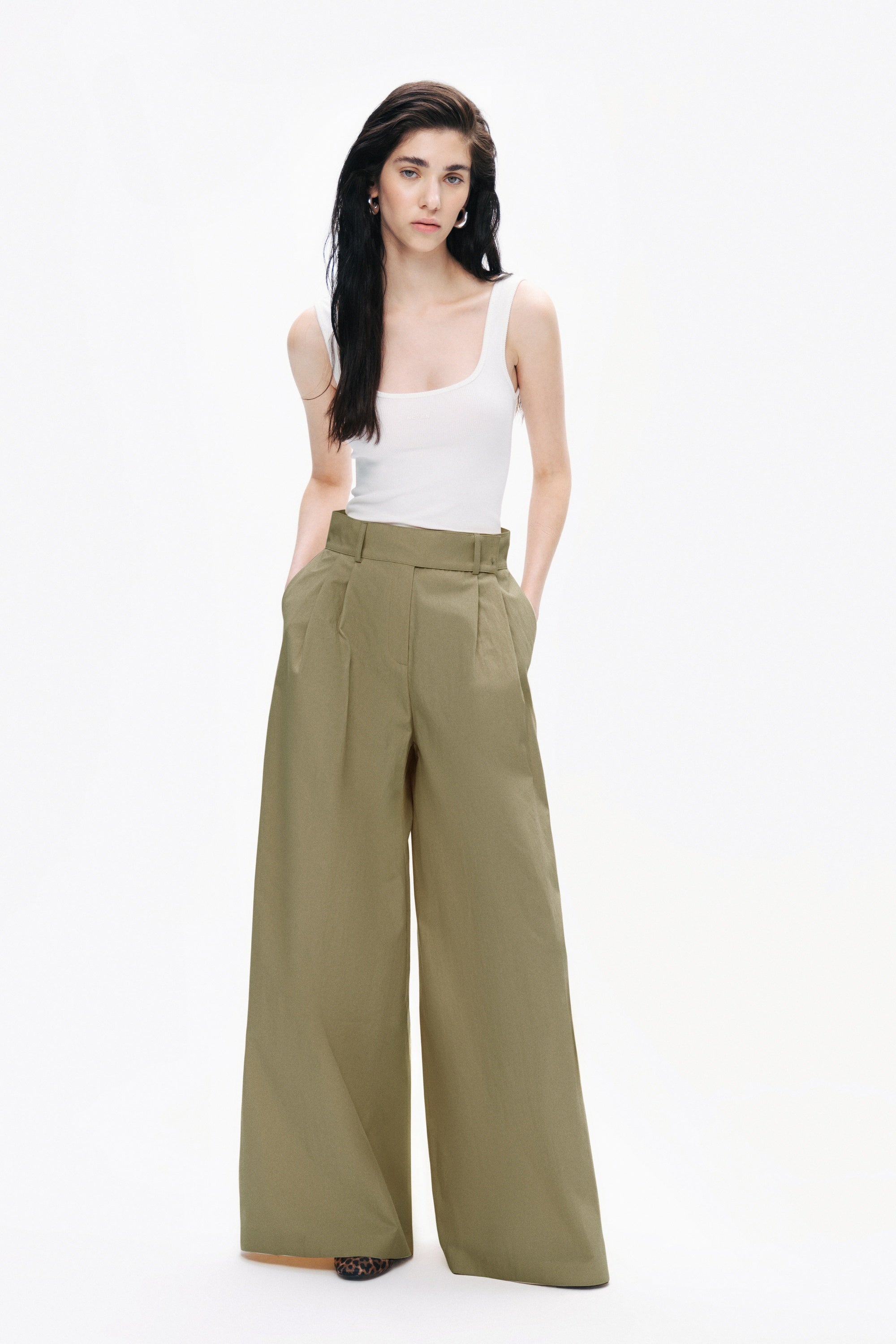 Khaki High Waist Double Pleated Trousers