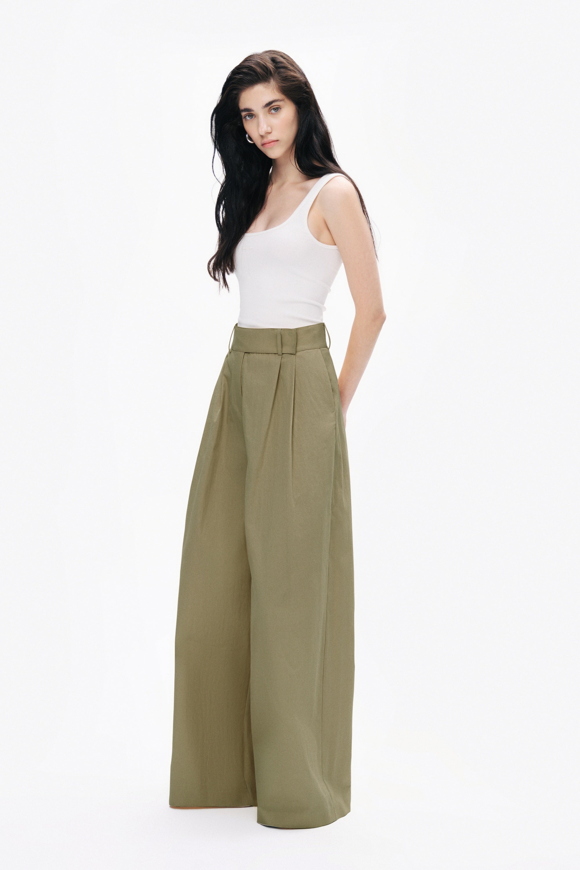 Khaki High Waist Double Pleated Trousers