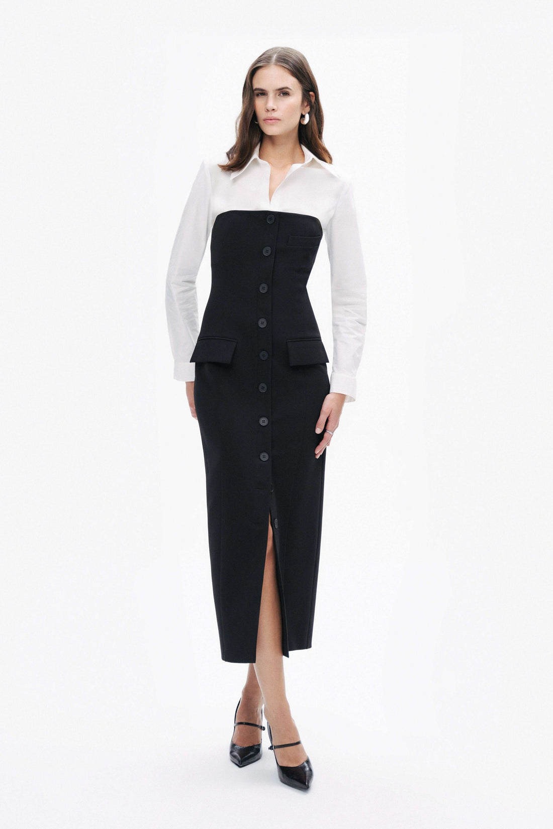 Black and White Shirt Detail Midi Dress