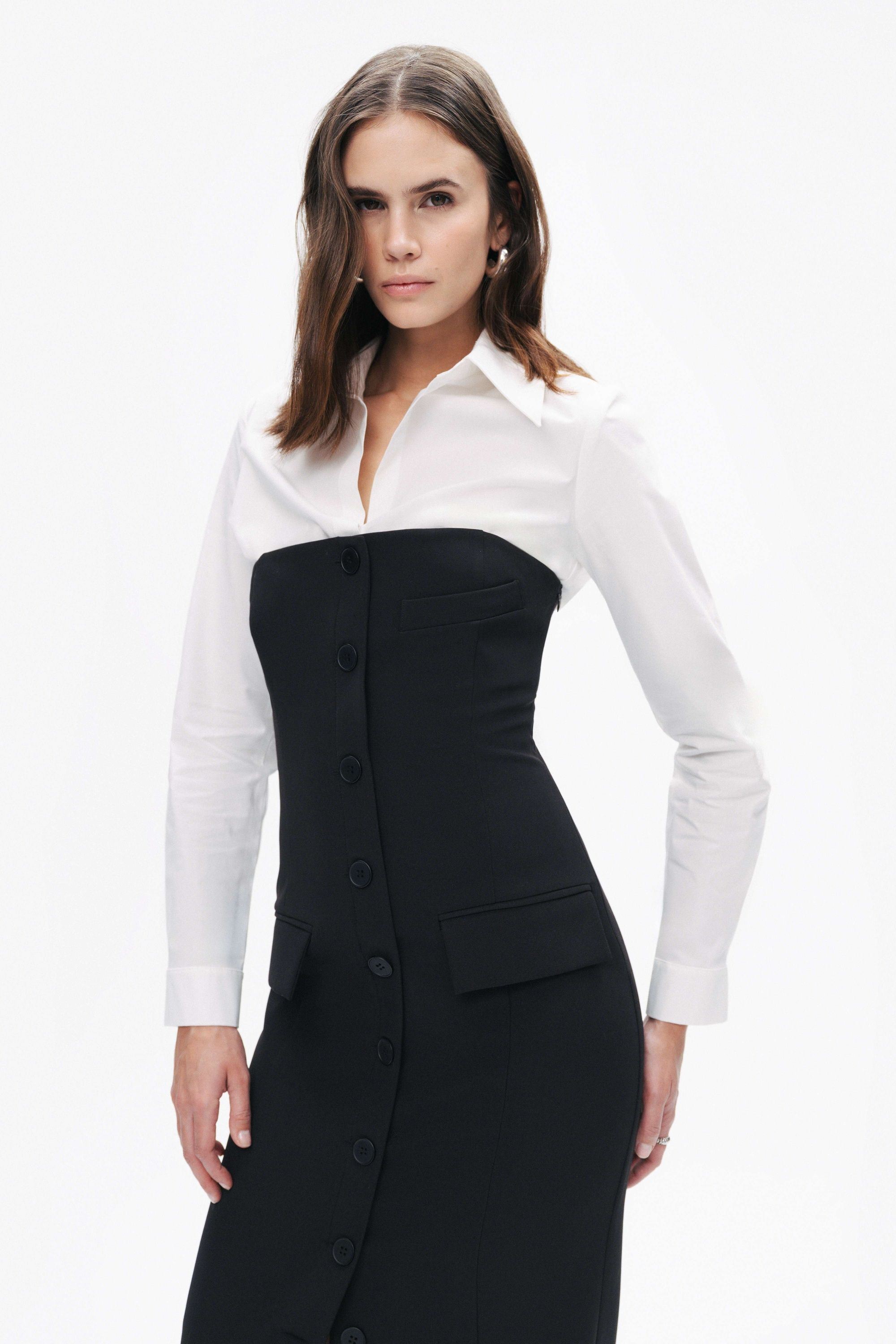 Black and White Shirt Detail Midi Dress