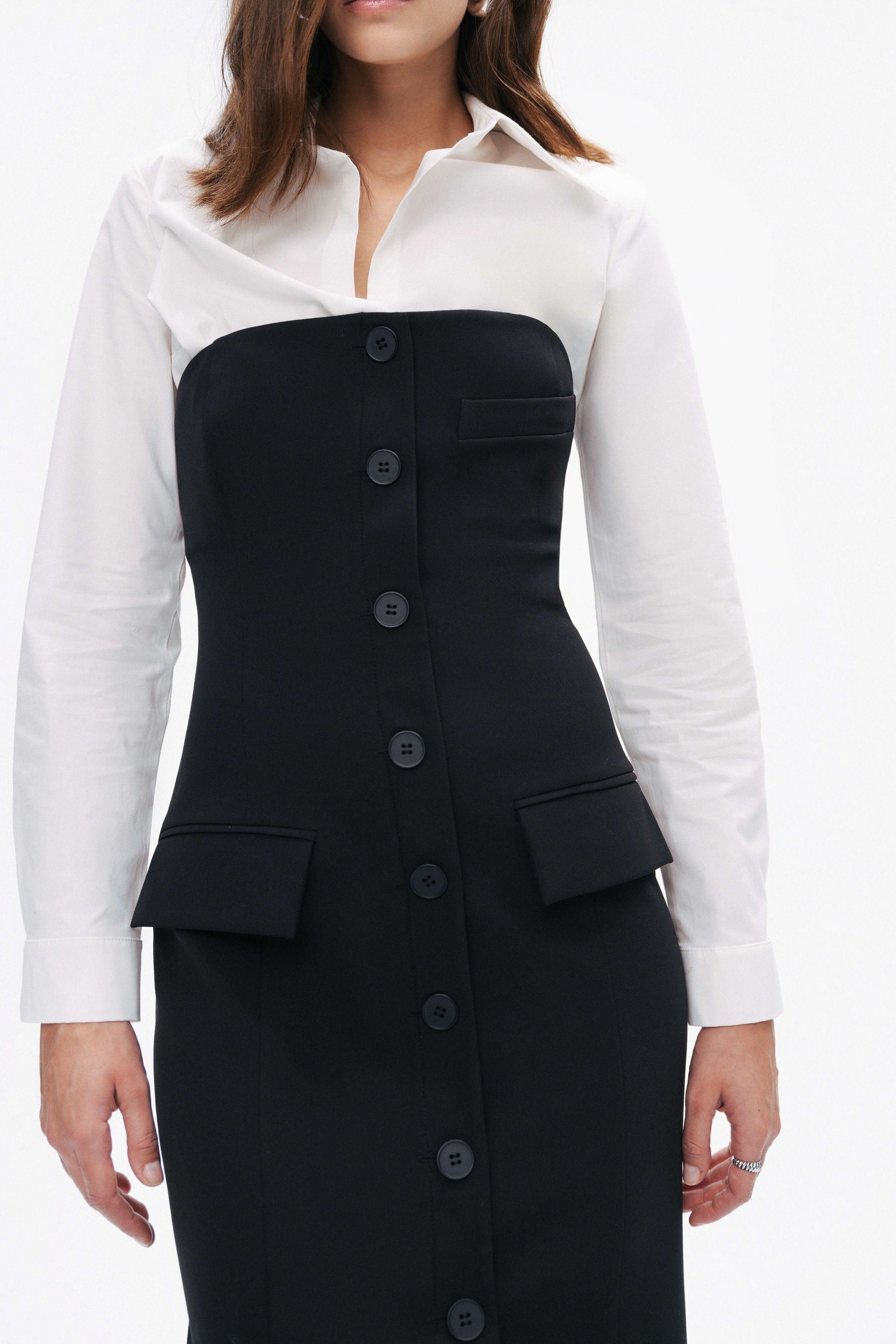 Black and White Shirt Detail Midi Dress