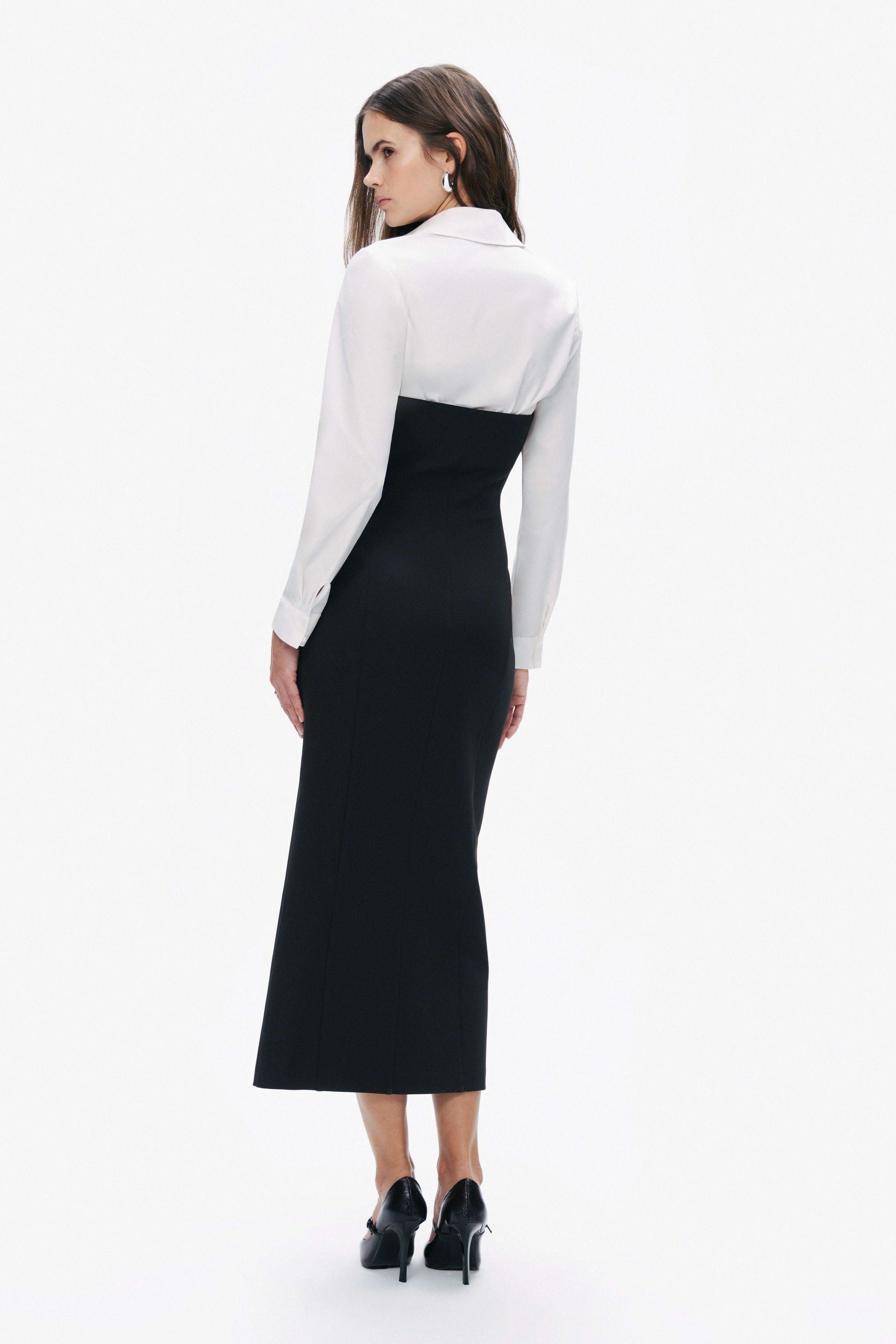 Black and White Shirt Detail Midi Dress