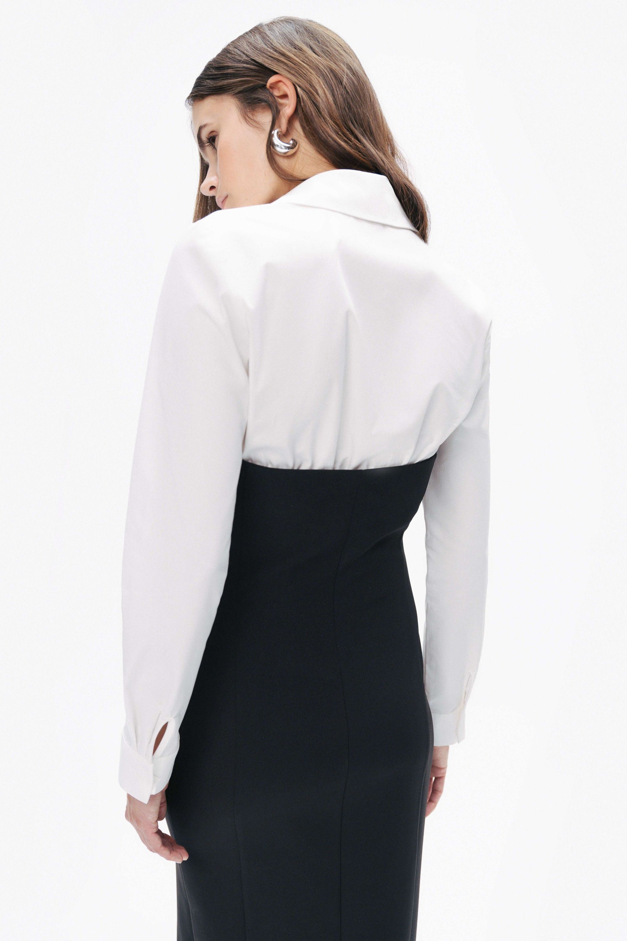 Black and White Shirt Detail Midi Dress