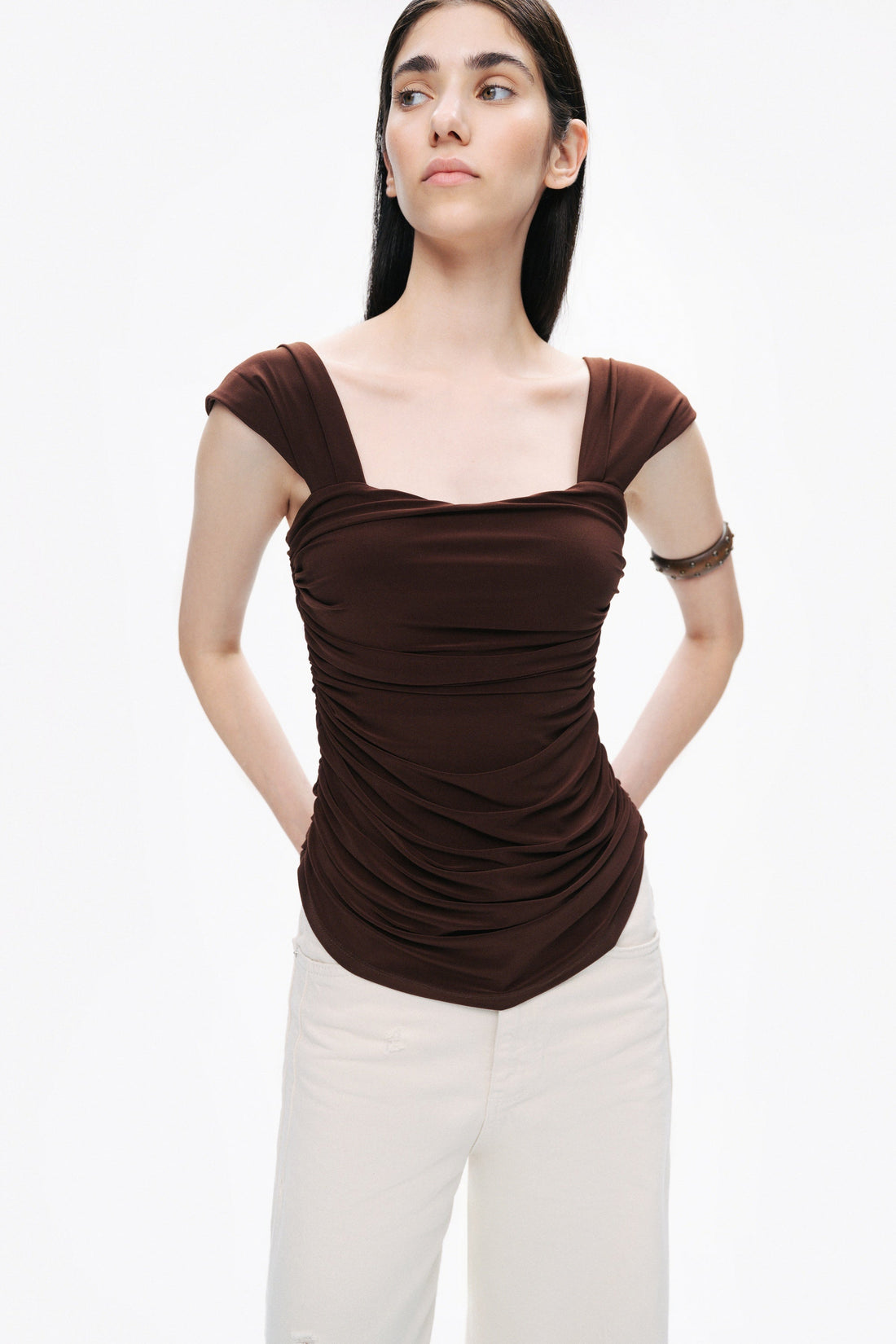 Coffee Thick Strap Draped Detail Blouse