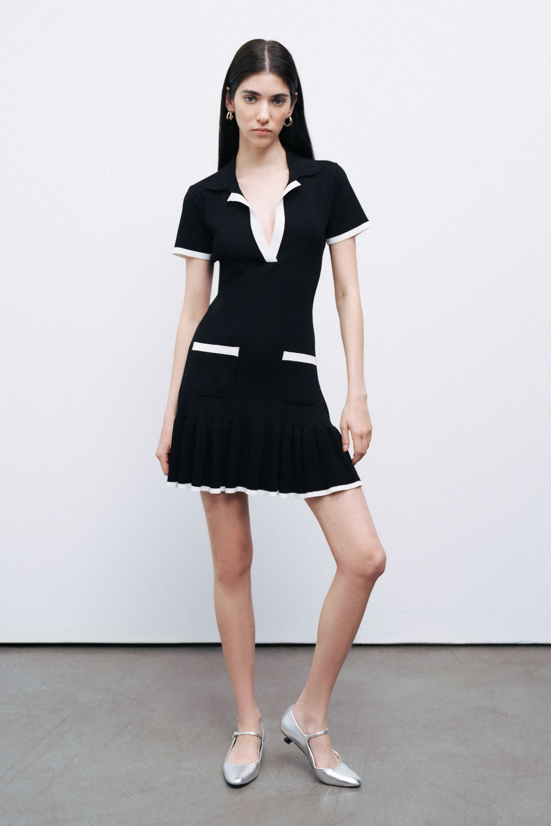 Black Pleated Hem Knit Mini Dress