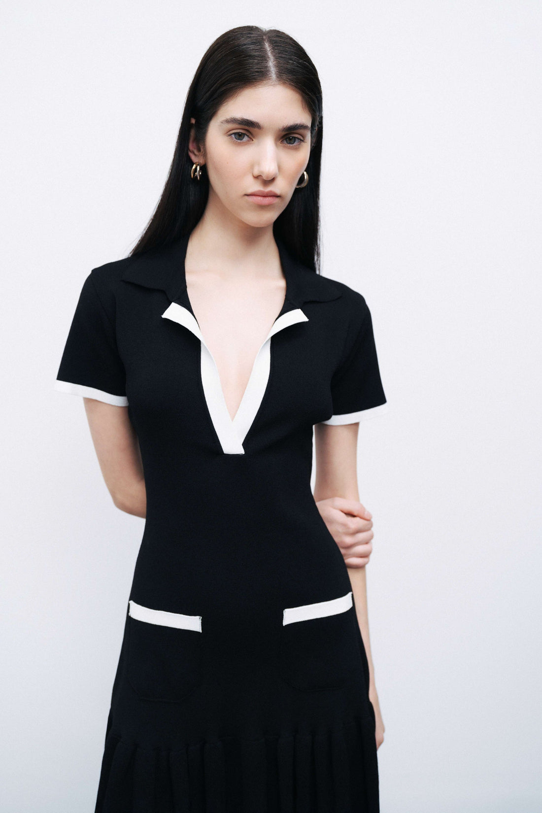 Black Pleated Hem Knit Mini Dress