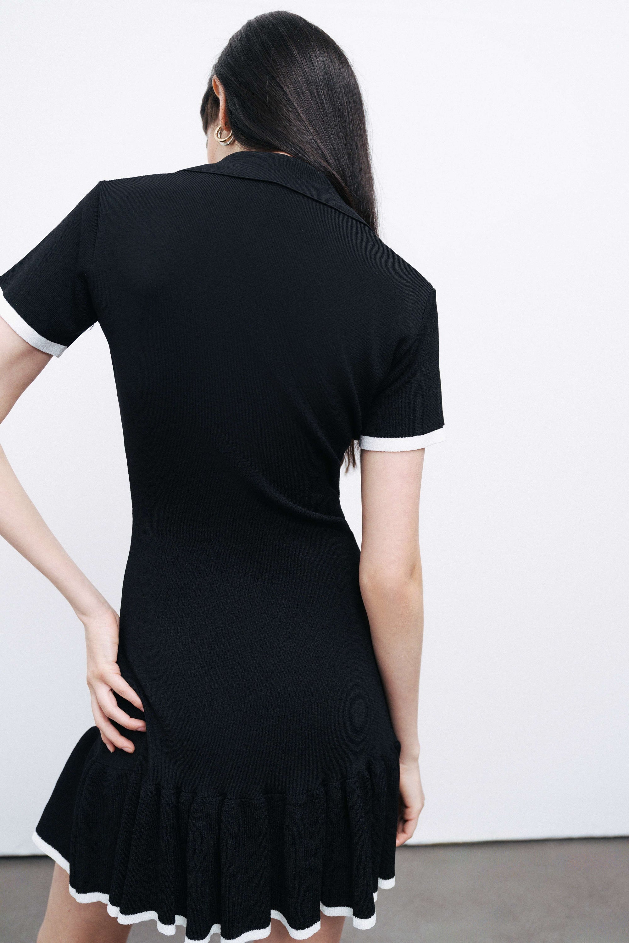 Black Pleated Hem Knit Mini Dress