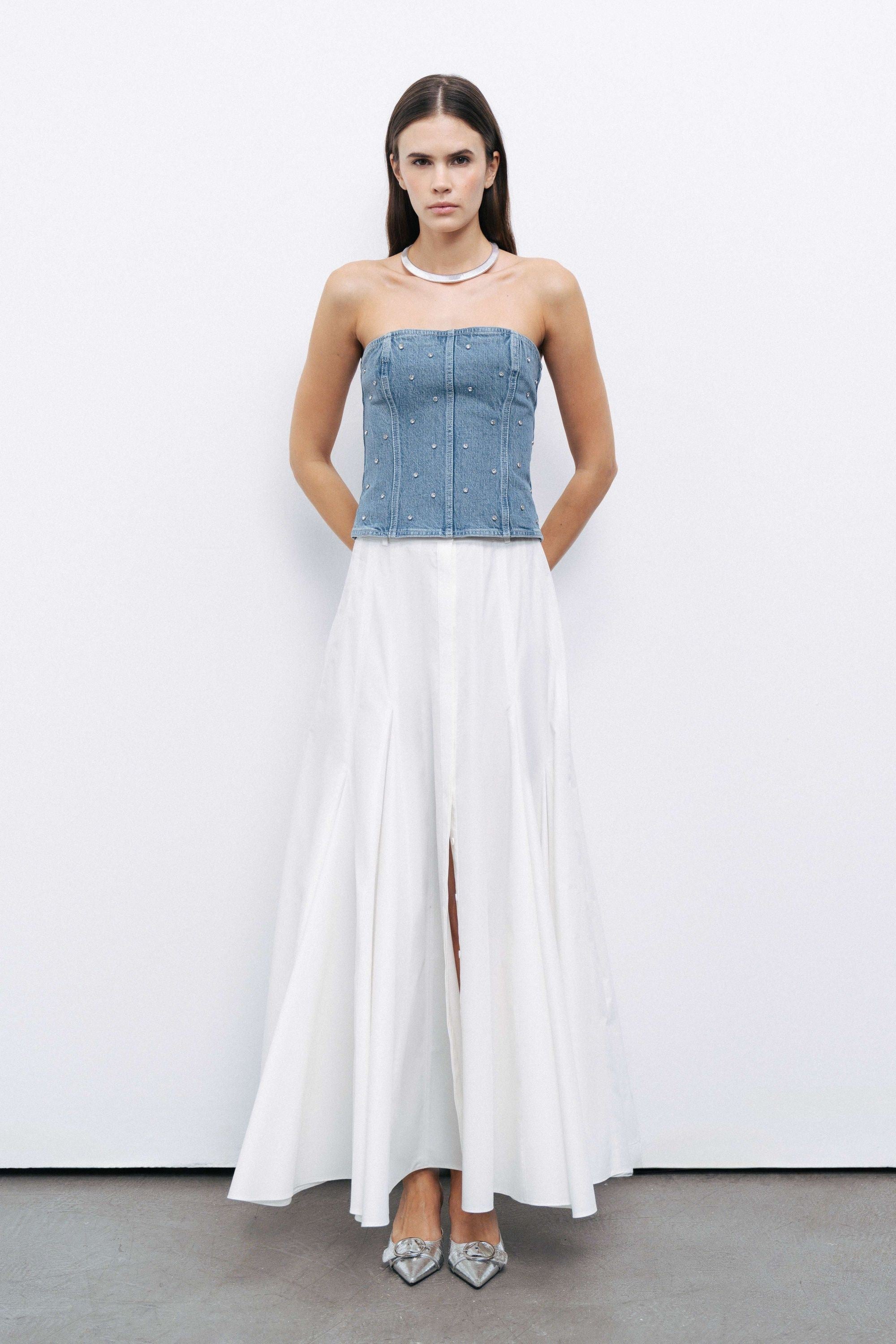 Stoned Strapless Denim Crop Top