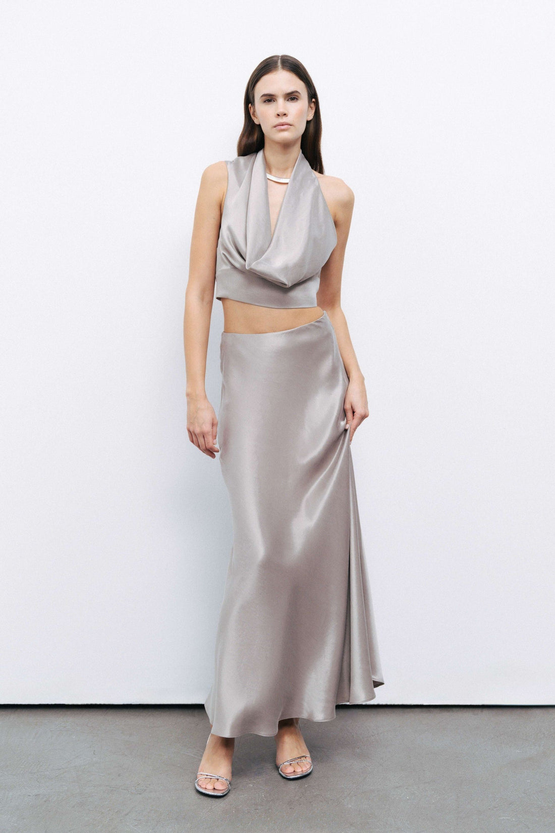 Mink Satin Look Midi Skirt