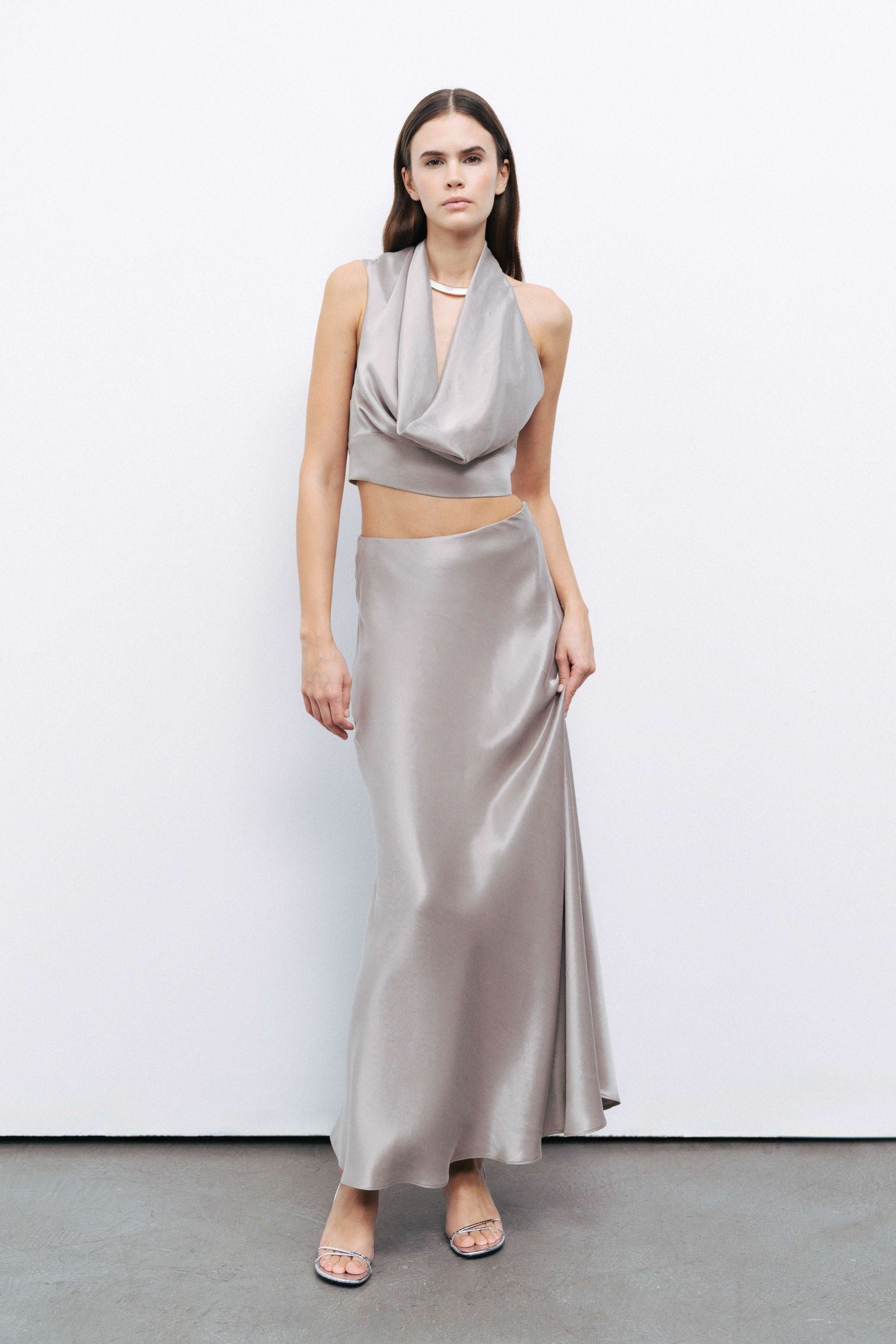 Mink Satin Look Midi Skirt