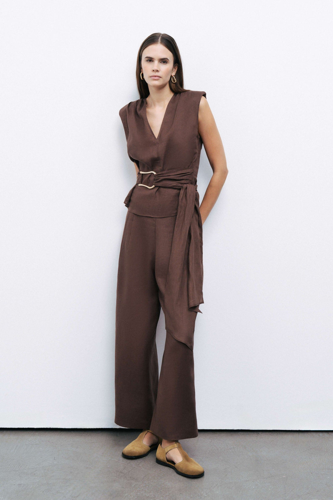 Coffee Linen High Waist Pleated Pants