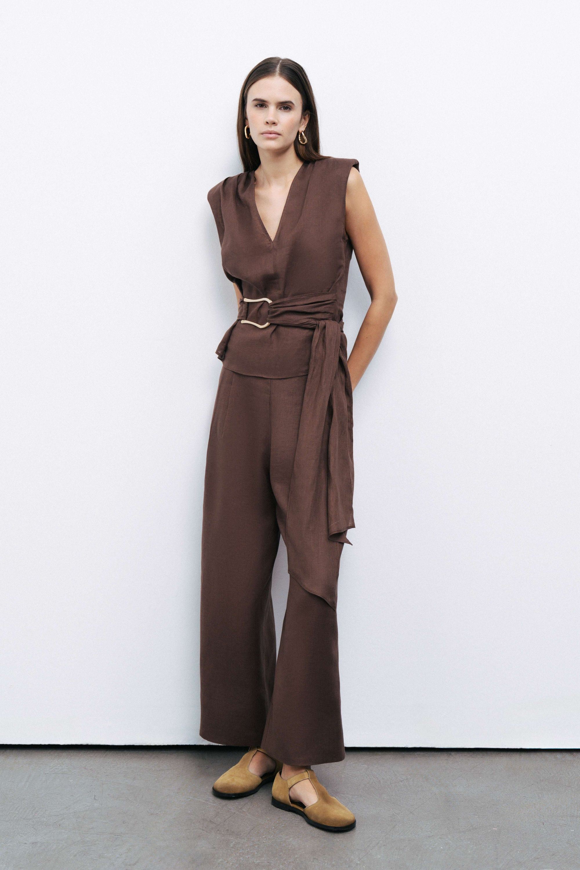 Coffee Linen High Waist Pleated Pants