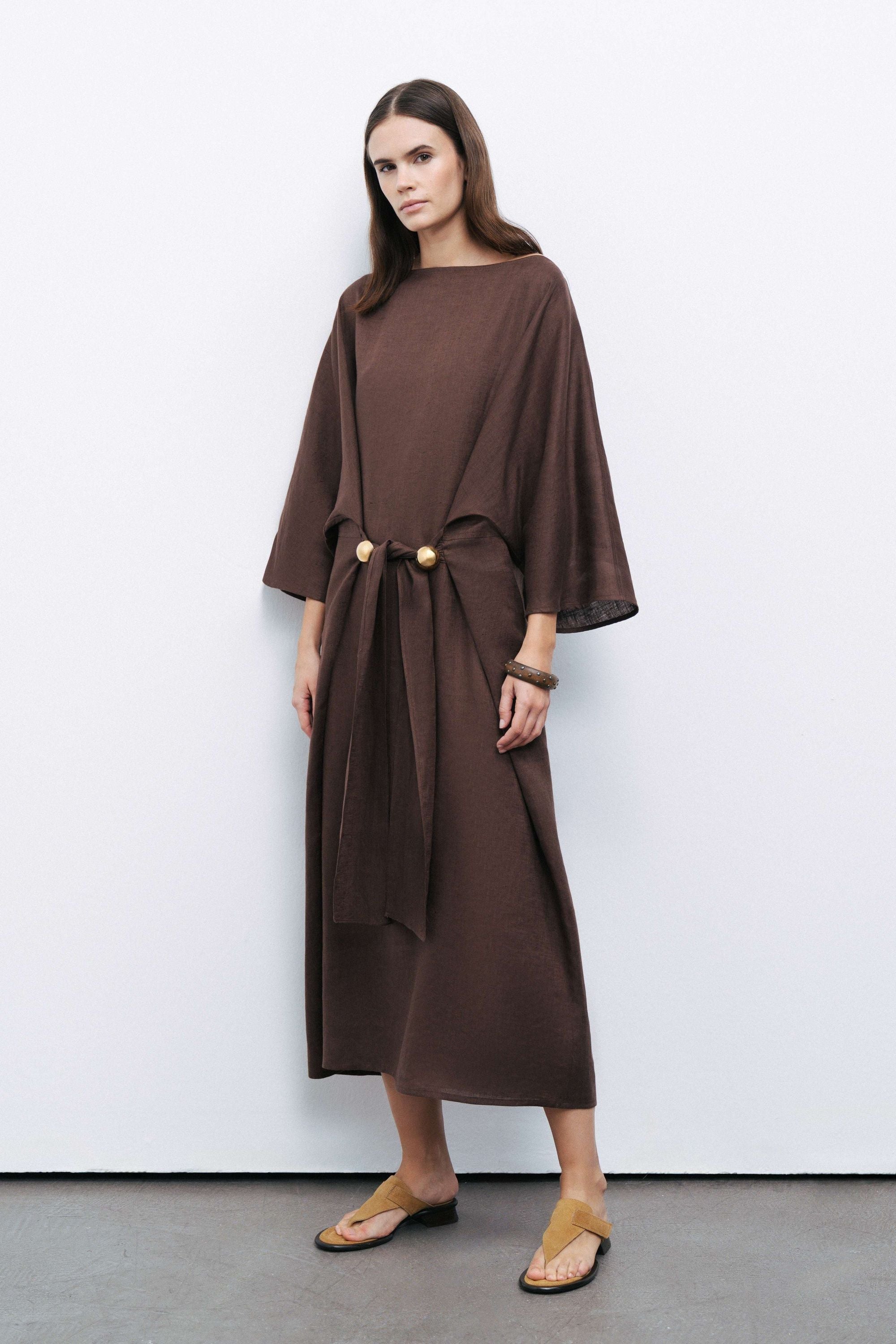 Coffee Linen Accessory Detailed Midi Dress