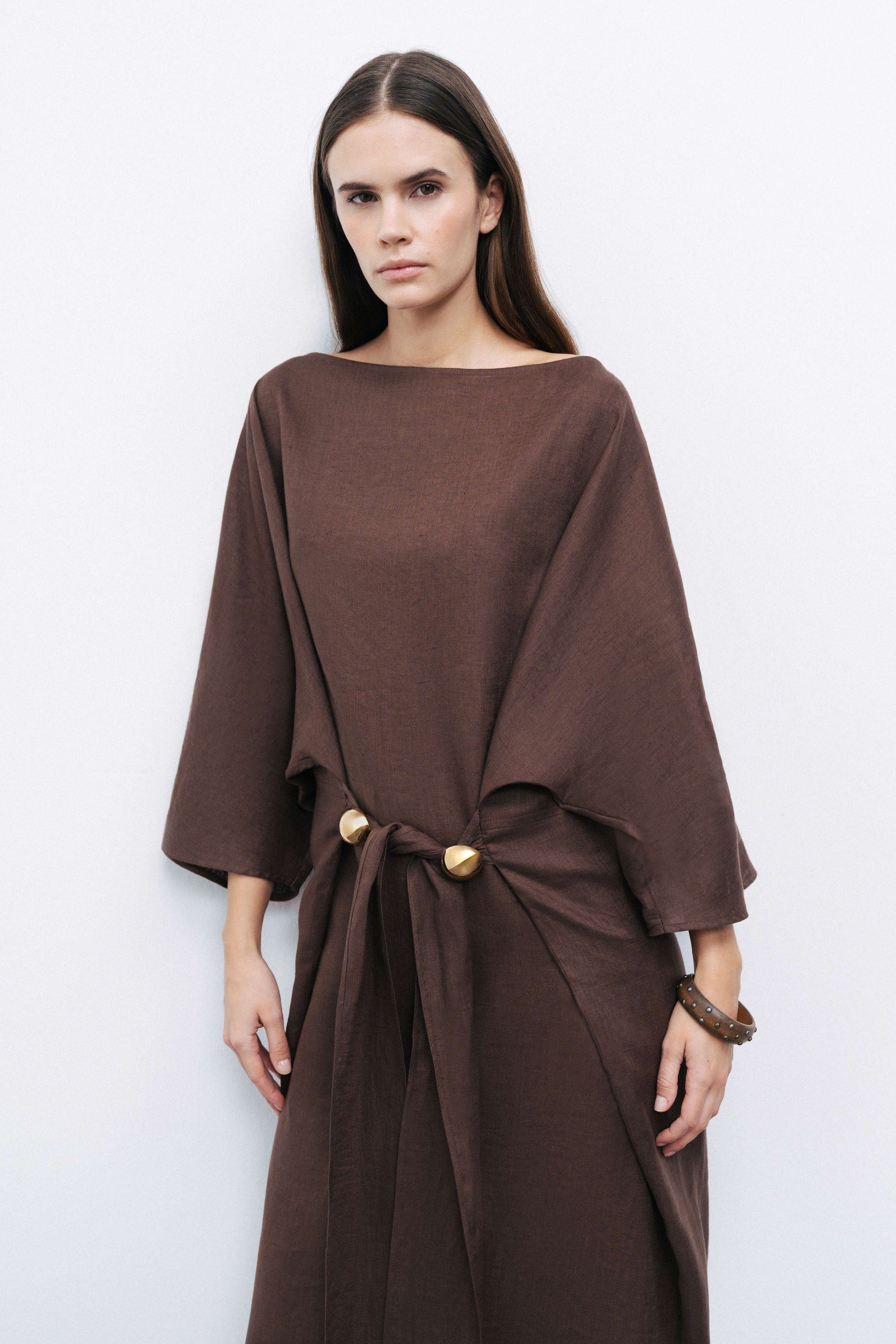 Coffee Linen Accessory Detailed Midi Dress