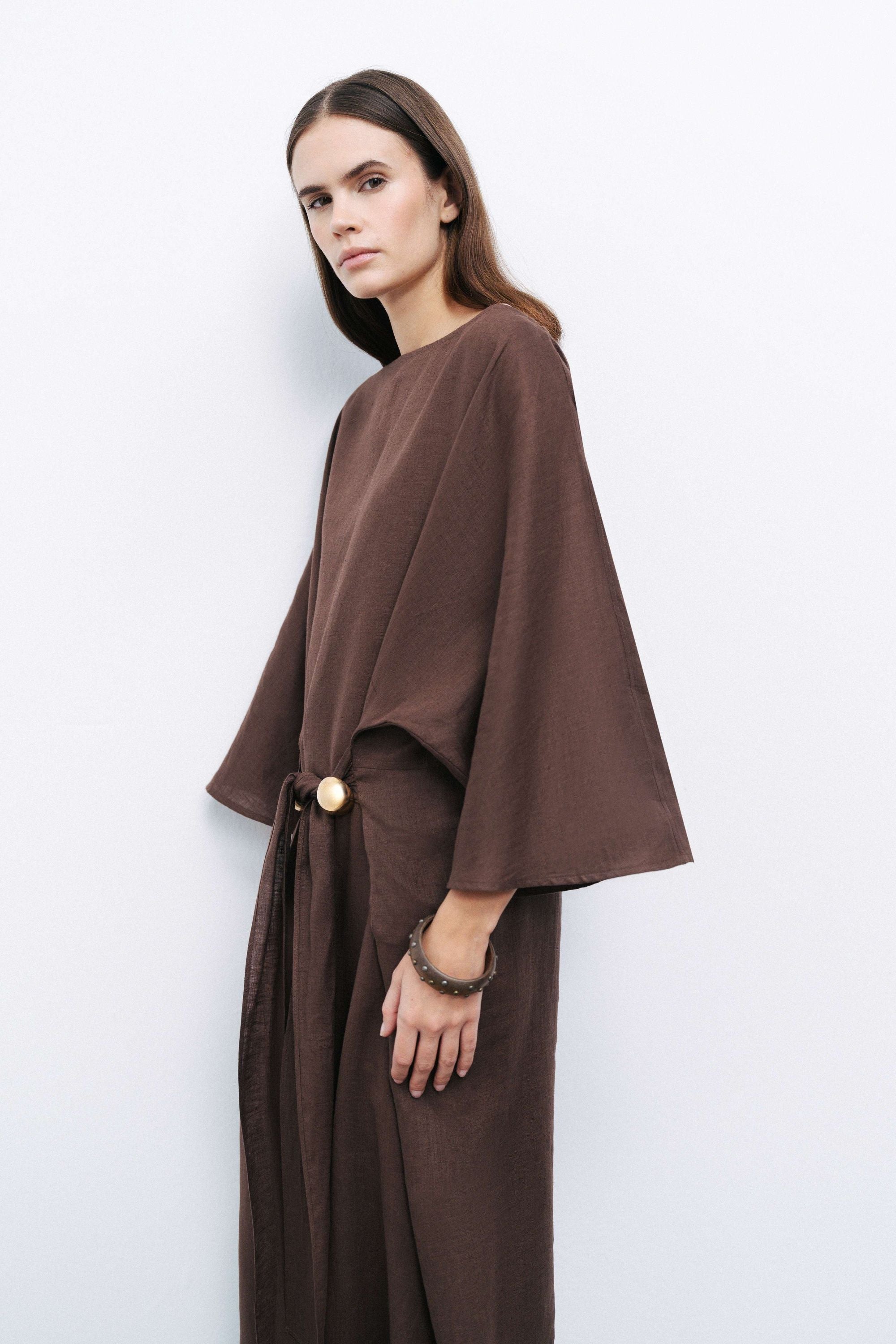 Coffee Linen Accessory Detailed Midi Dress