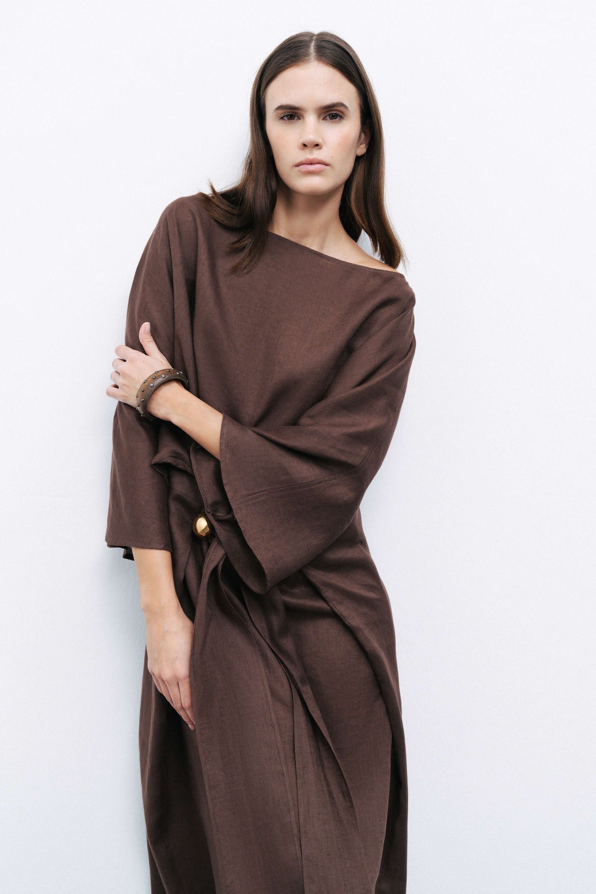 Coffee Linen Accessory Detailed Midi Dress