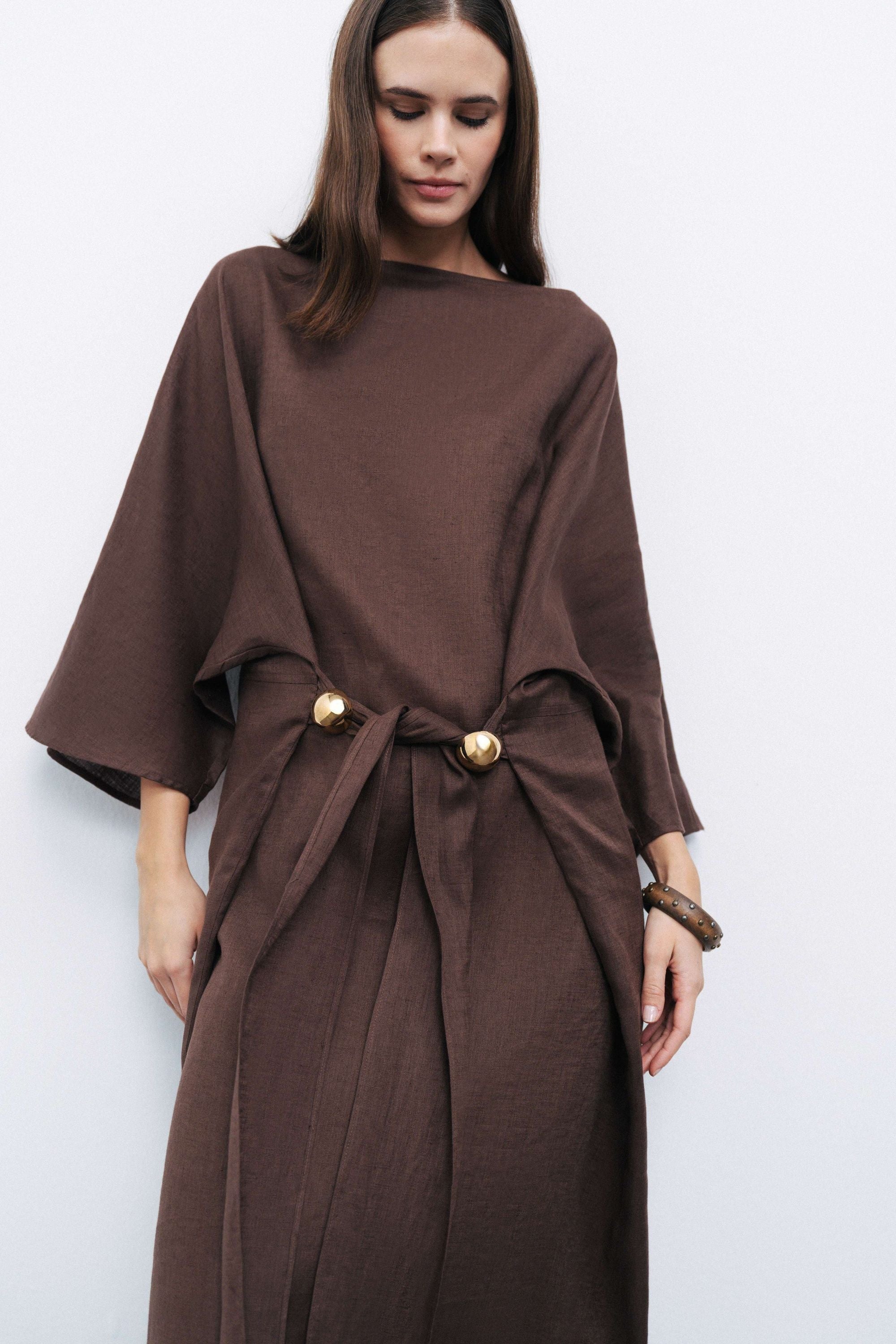 Coffee Linen Accessory Detailed Midi Dress