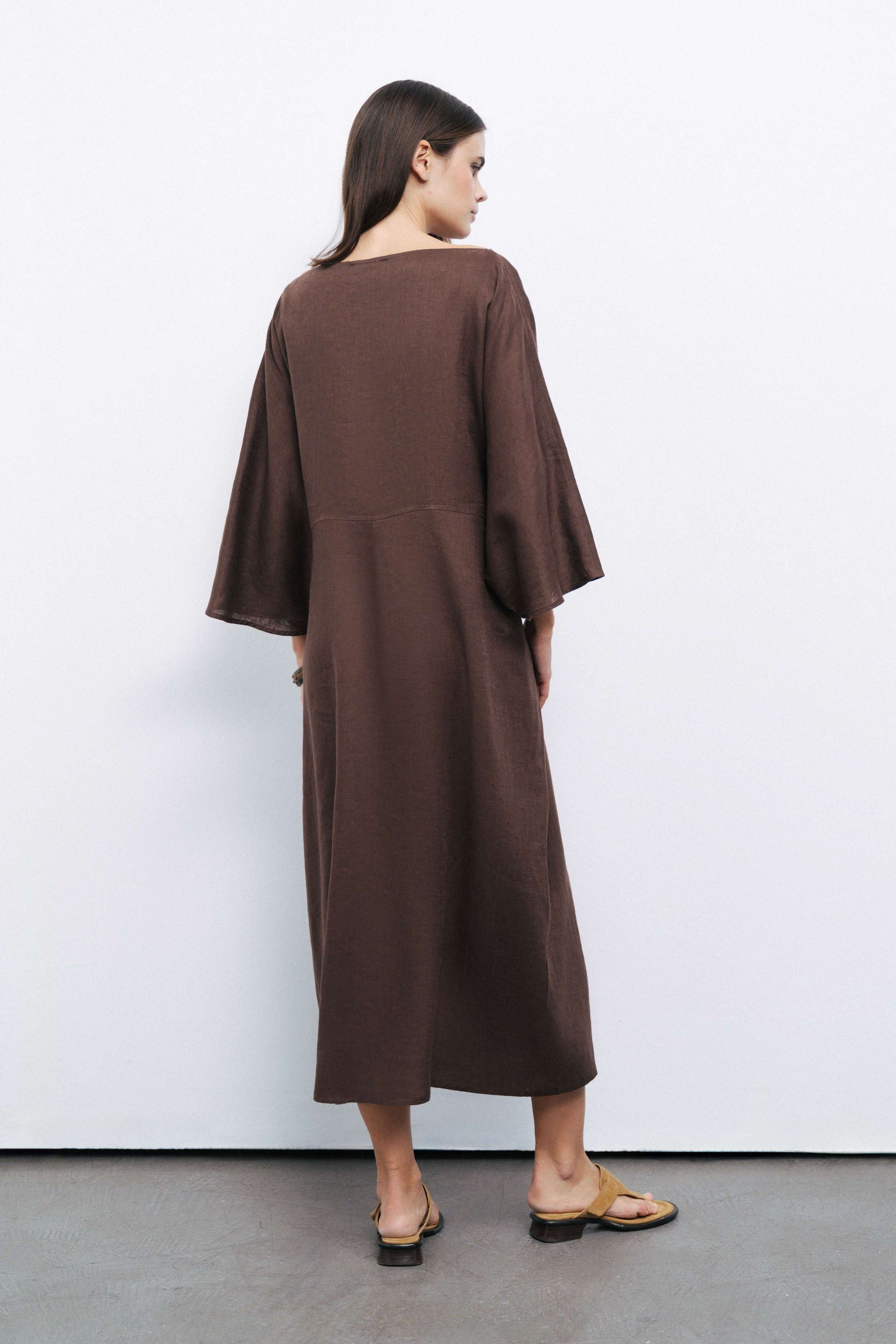 Coffee Linen Accessory Detailed Midi Dress