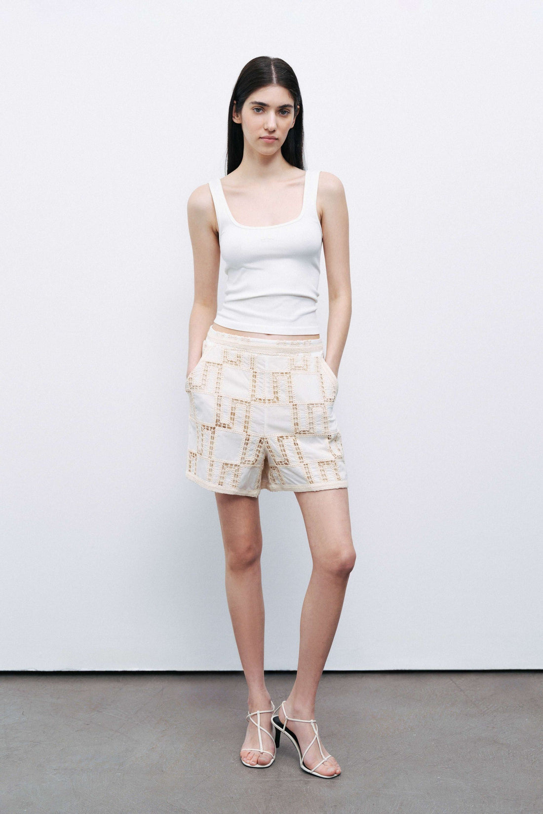 Ecru High Waist Embroidered Mini Shorts