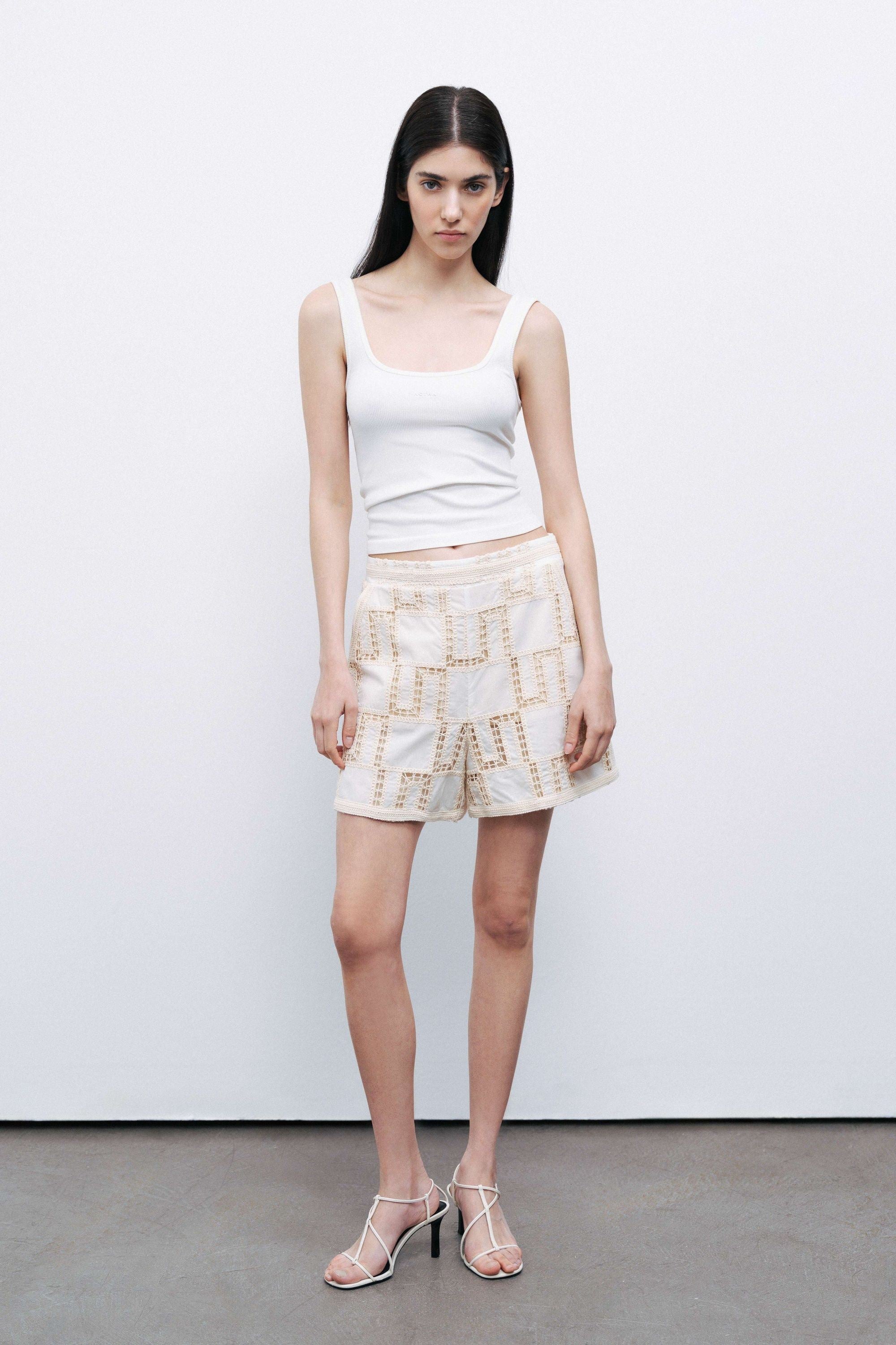 Ecru High Waist Embroidered Mini Shorts