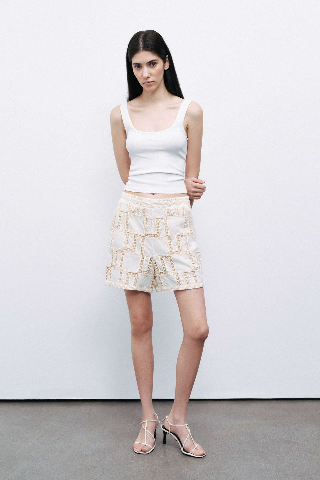 Ecru High Waist Embroidered Mini Shorts