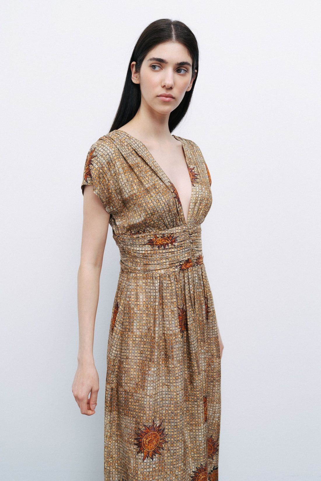 Patterned V-Neck Gathered Maxi Dress