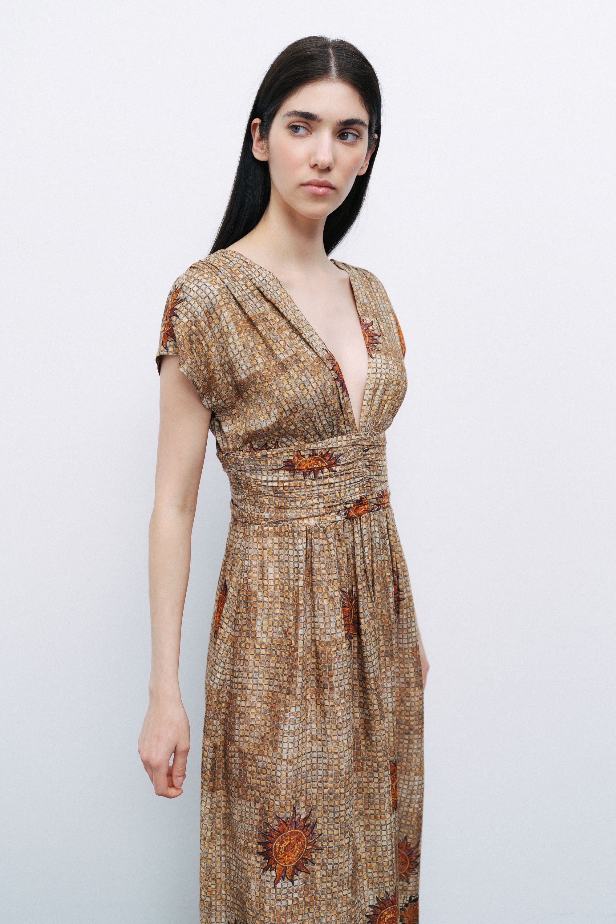 Patterned V-Neck Gathered Maxi Dress