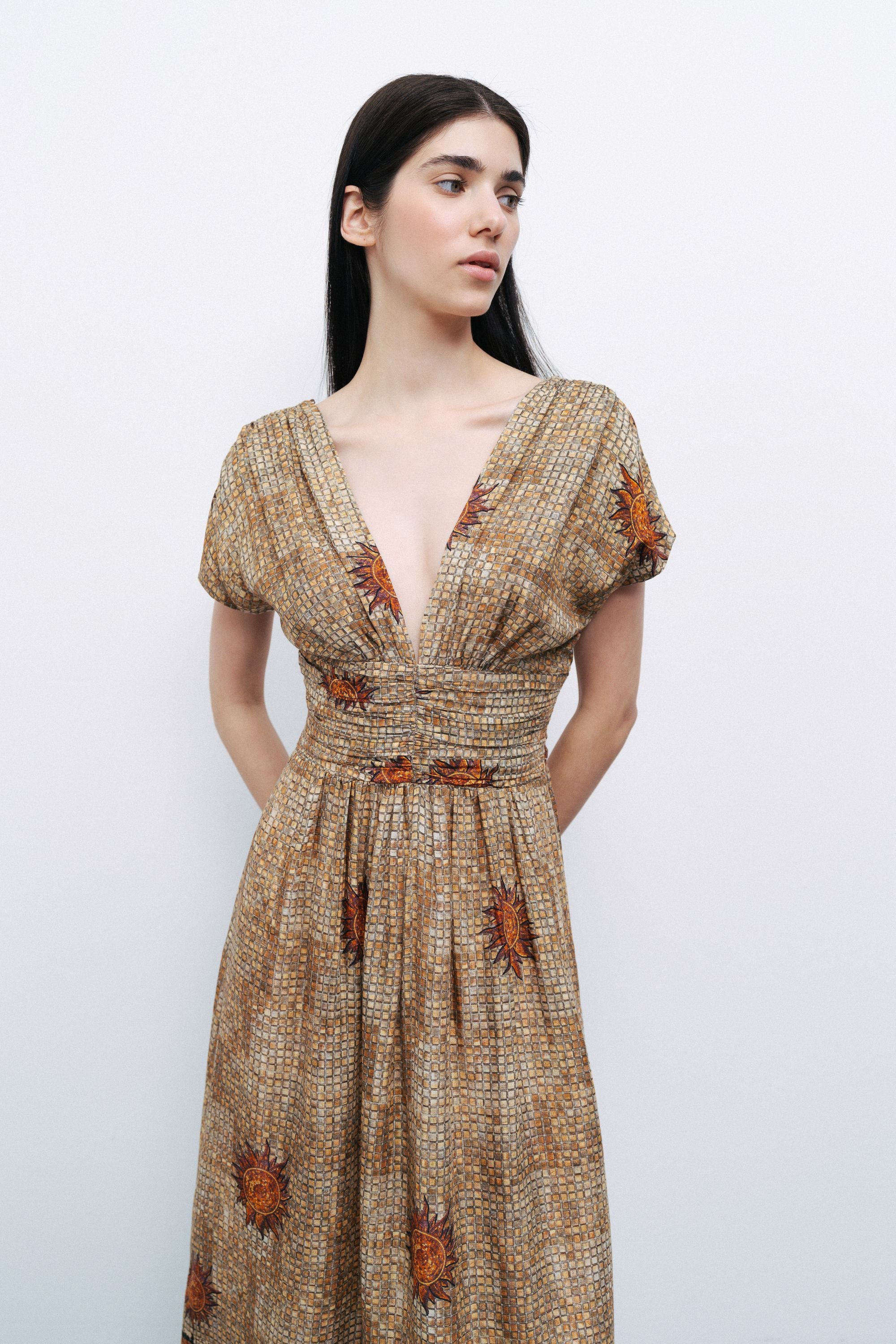 Patterned V-Neck Gathered Maxi Dress