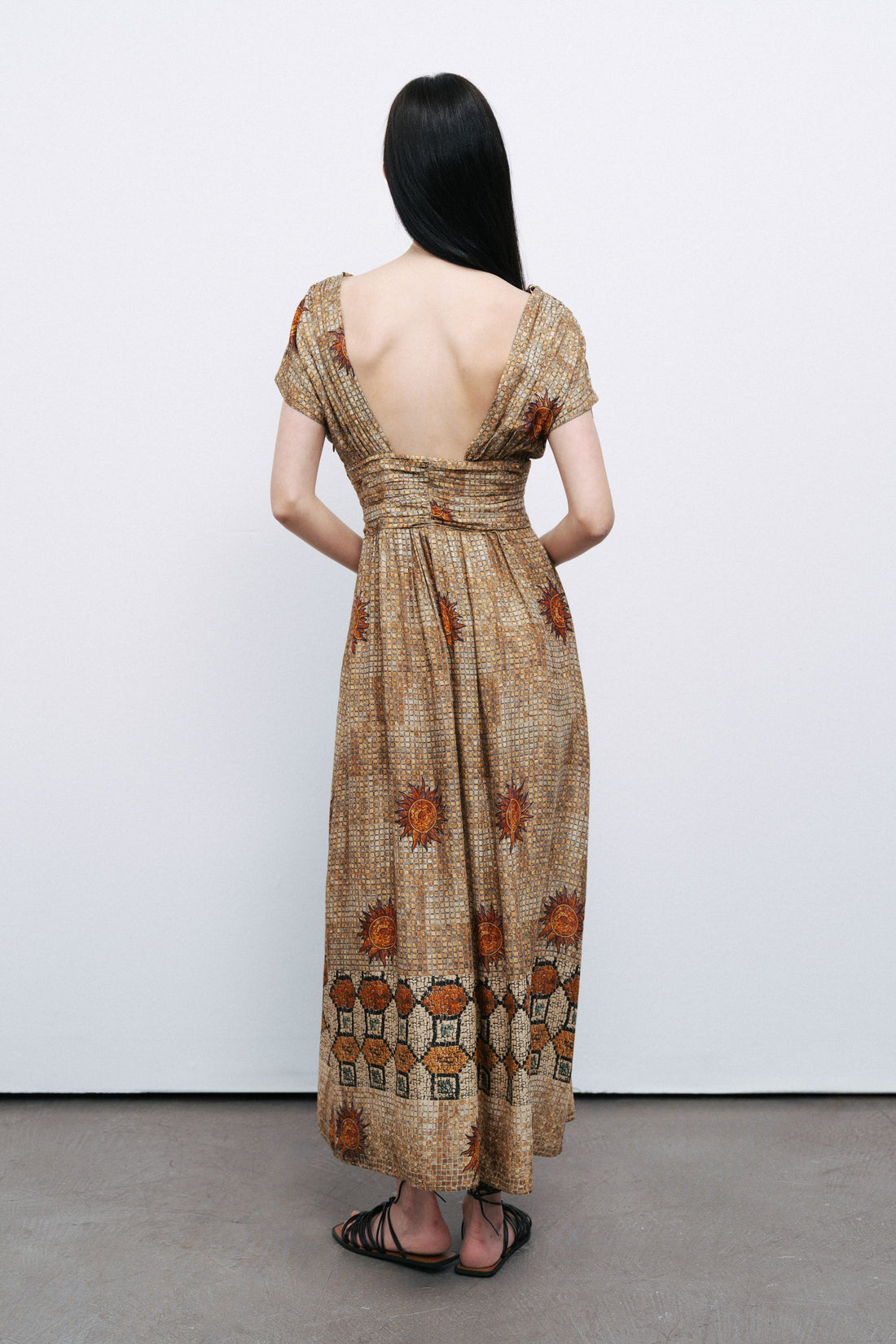 Patterned V-Neck Gathered Maxi Dress