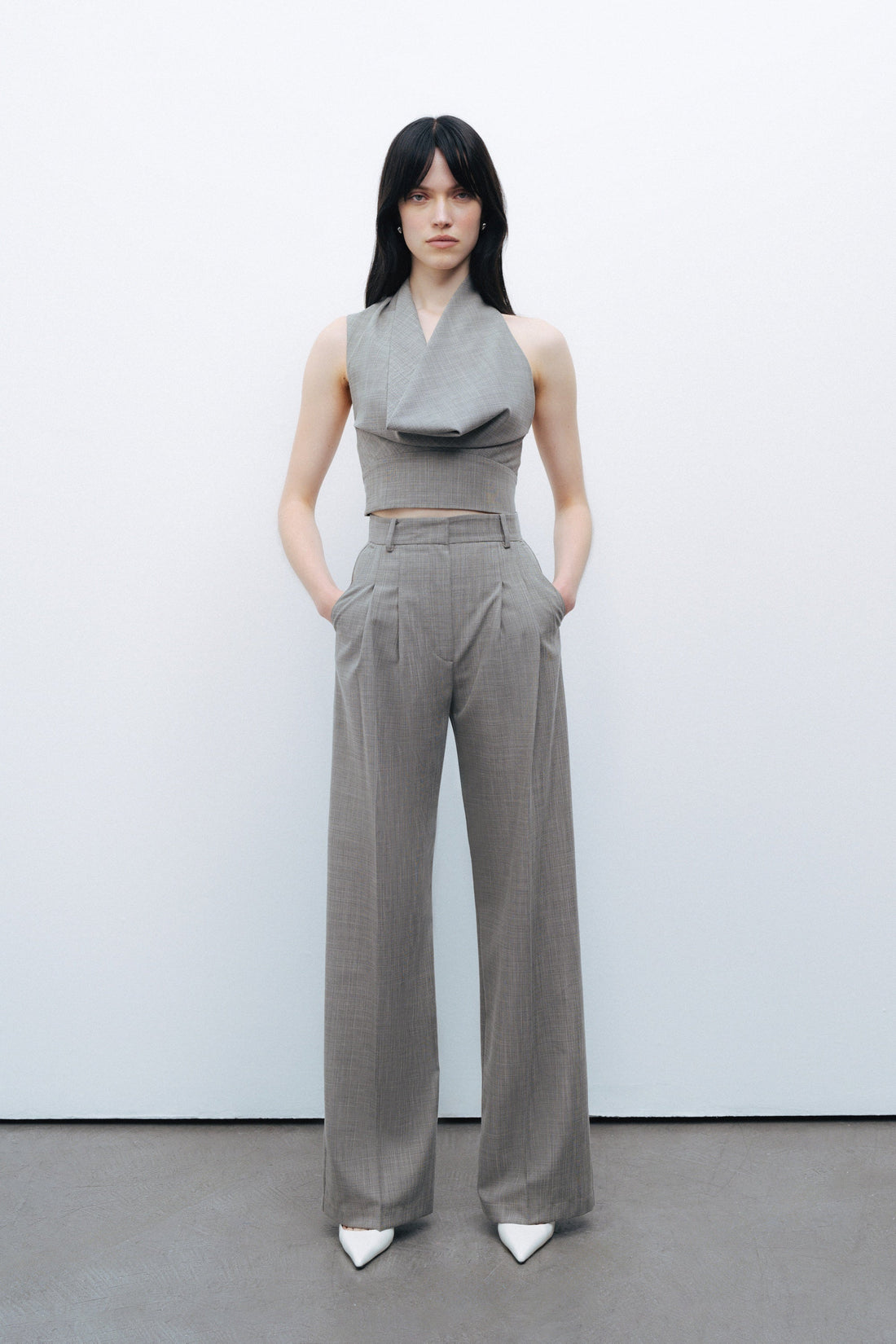 Grey Double Pleated Fabric High Waist Trousers