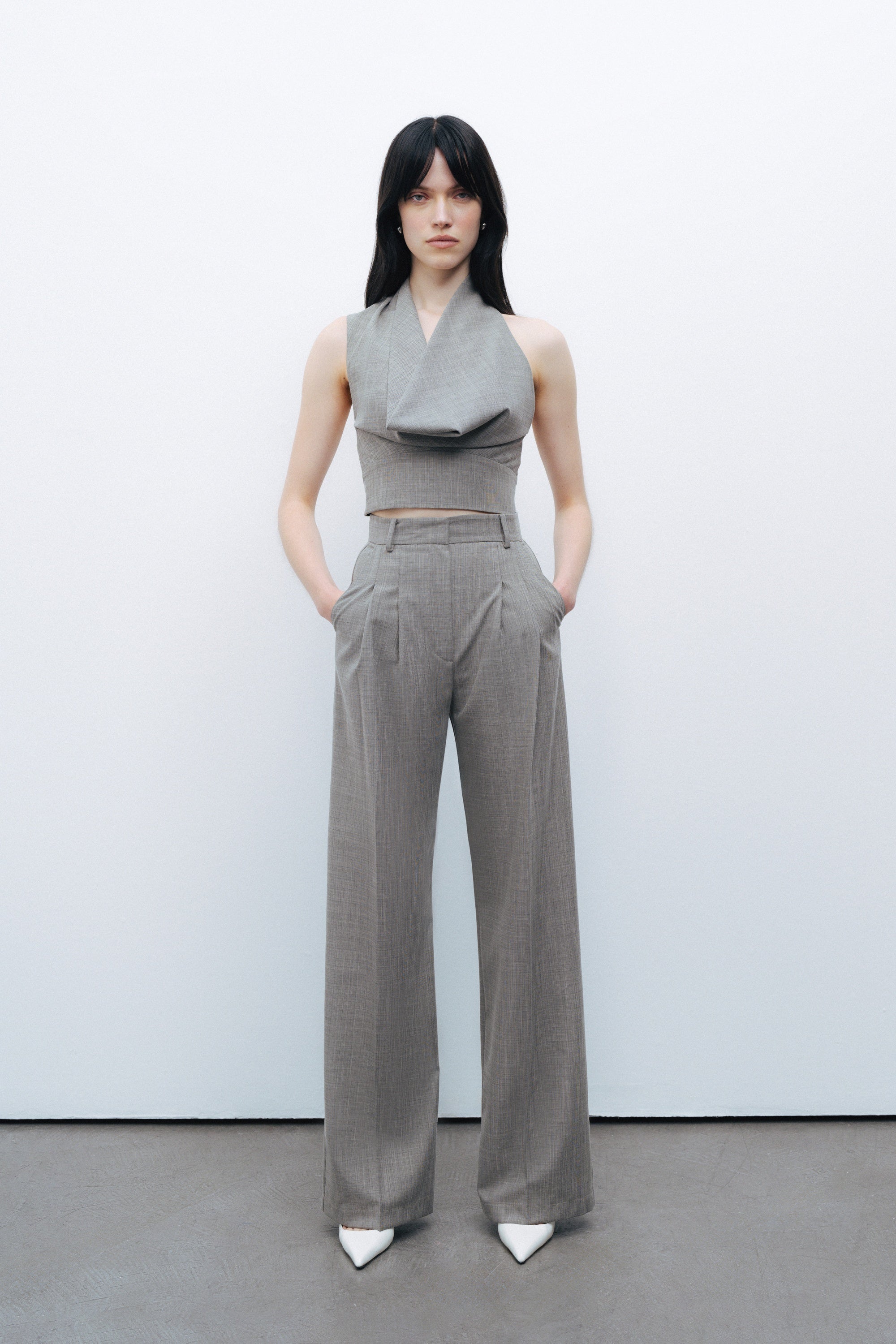 Grey Double Pleated Fabric High Waist Trousers
