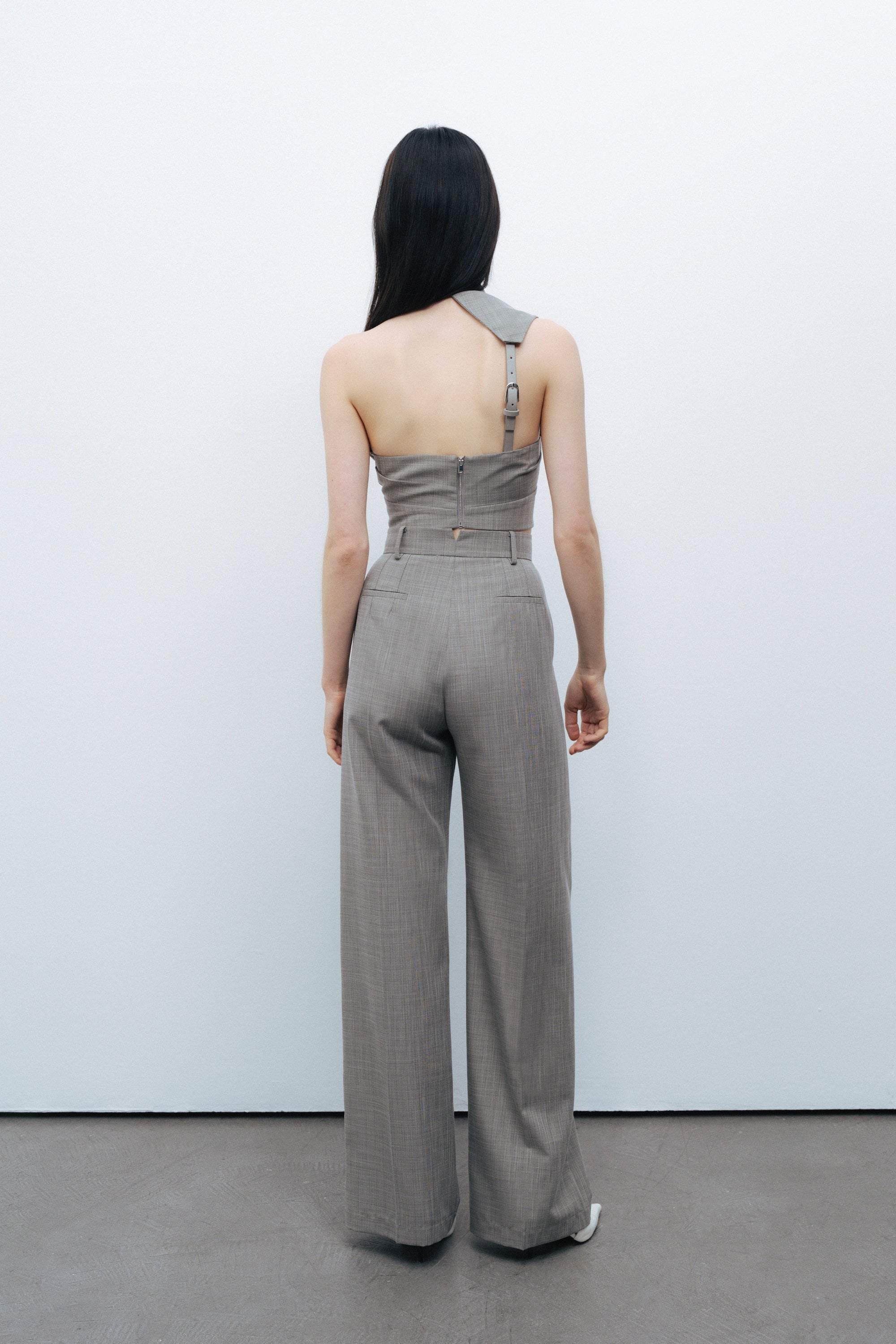 Grey Double Pleated Fabric High Waist Trousers