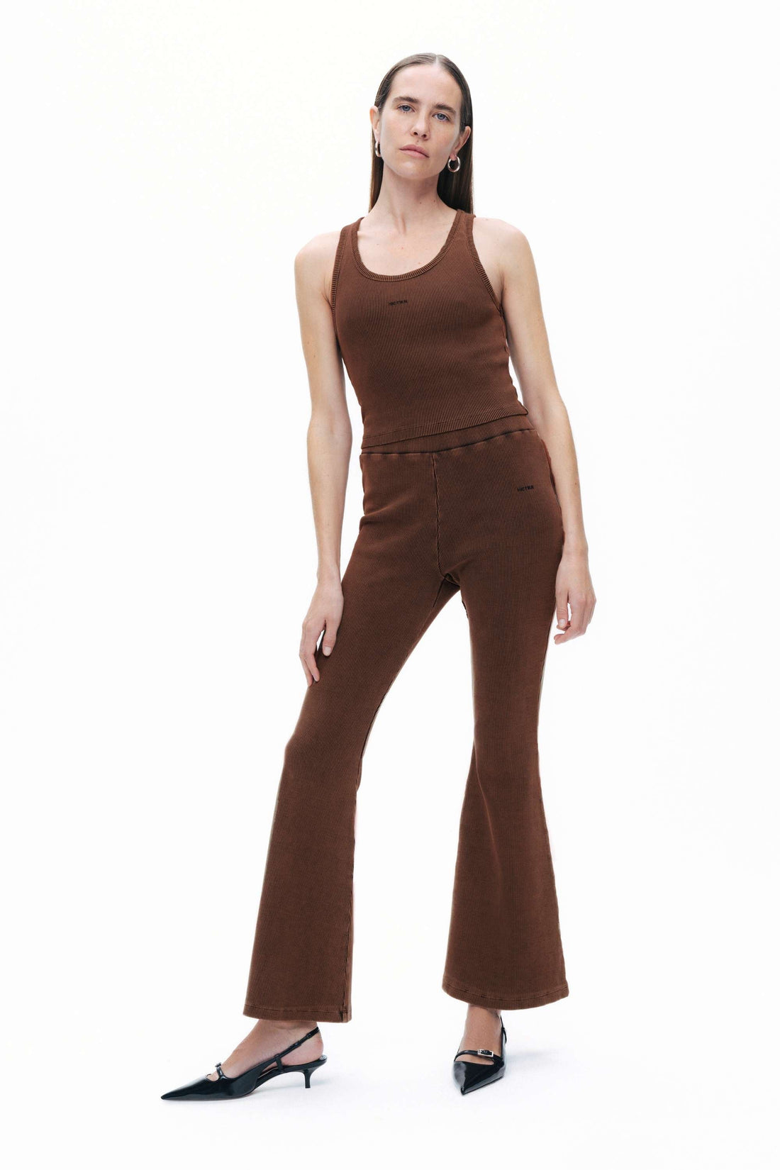 Coffee Ribbed Flared Trousers