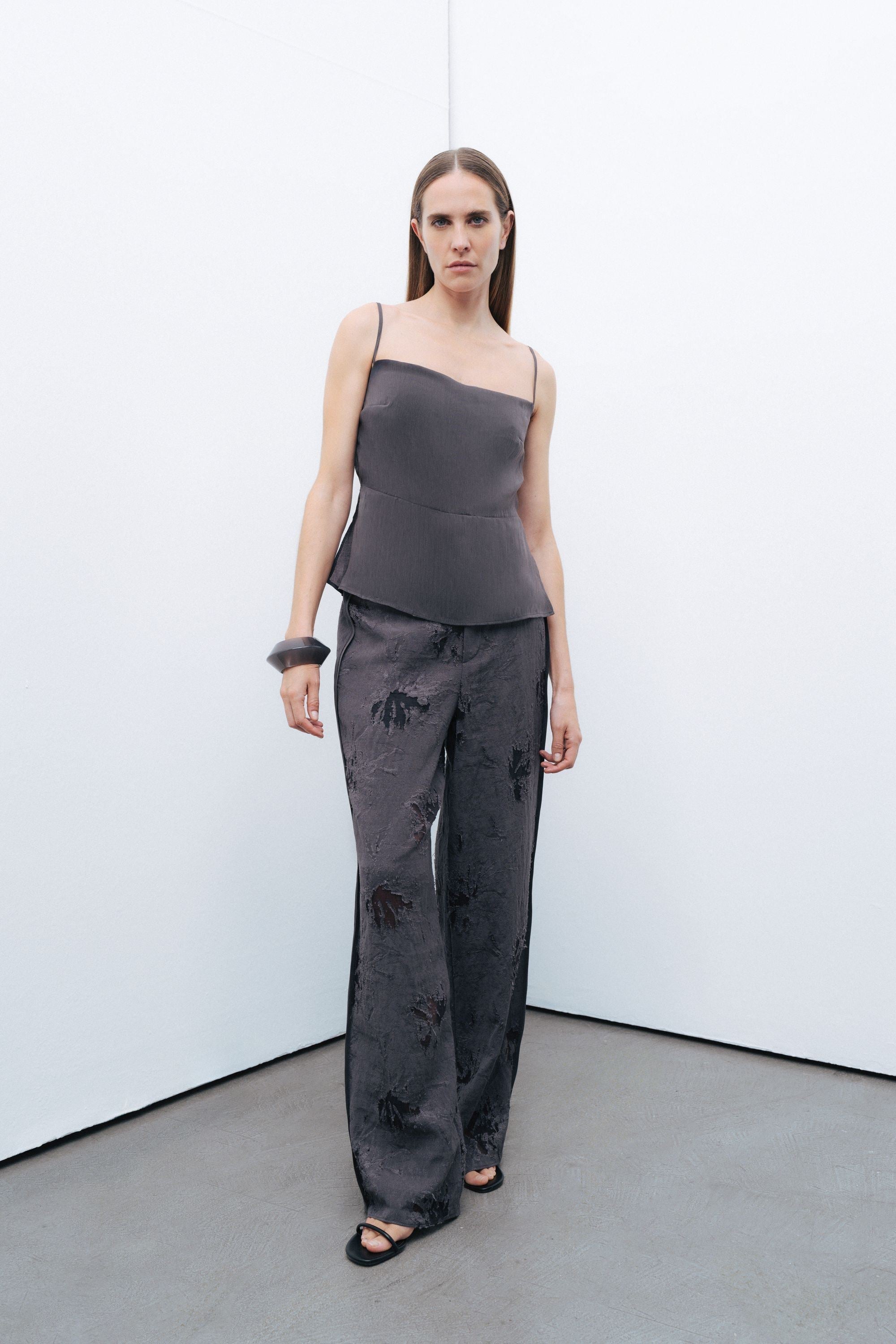 Anthracite Slit Strap Draped Blouse