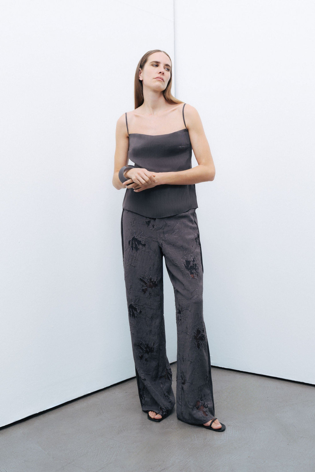 Anthracite Slit Strap Draped Blouse