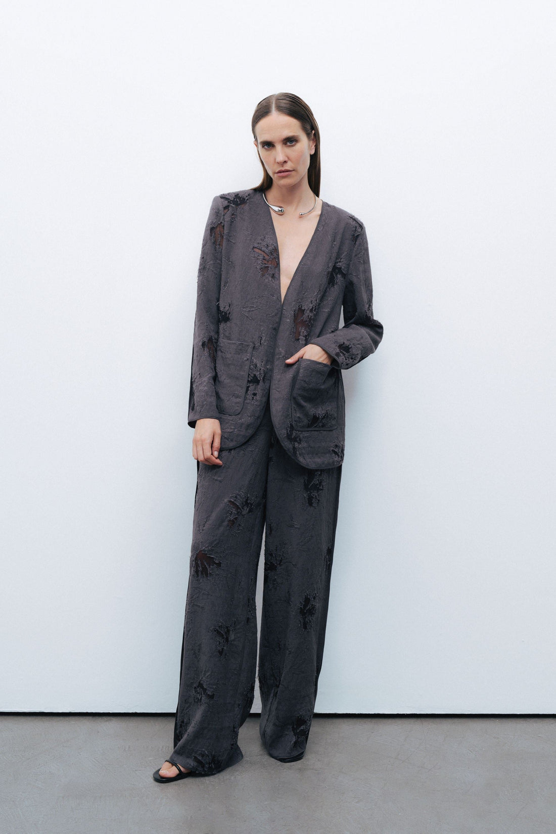 Anthracite V-Neck Jacquard Jacket