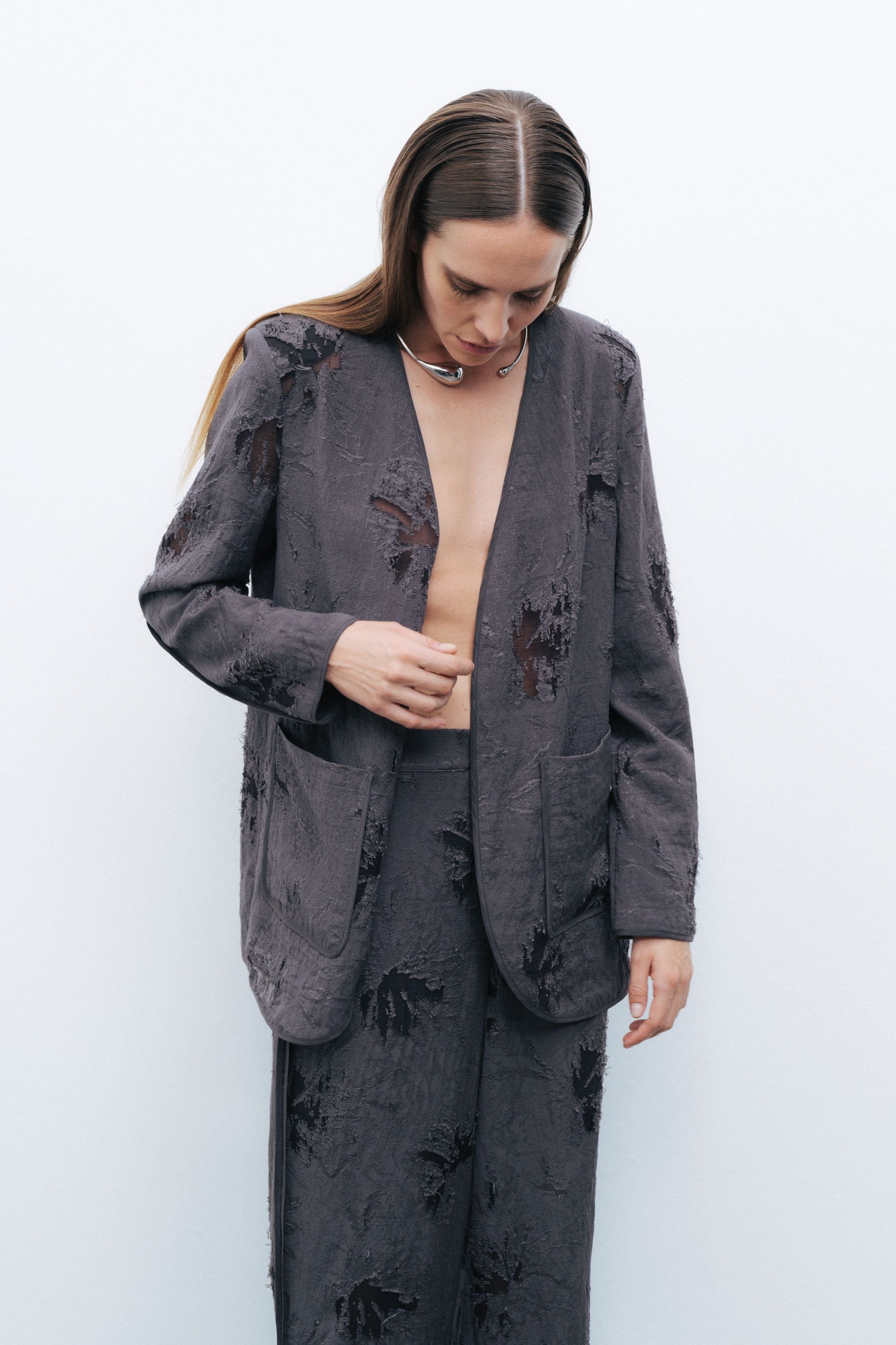 Anthracite V-Neck Jacquard Jacket