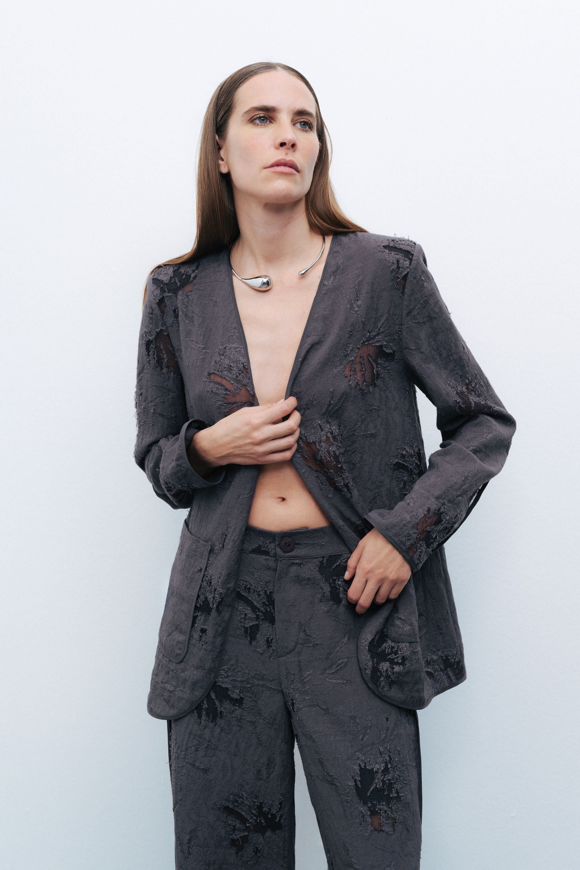 Anthracite V-Neck Jacquard Jacket