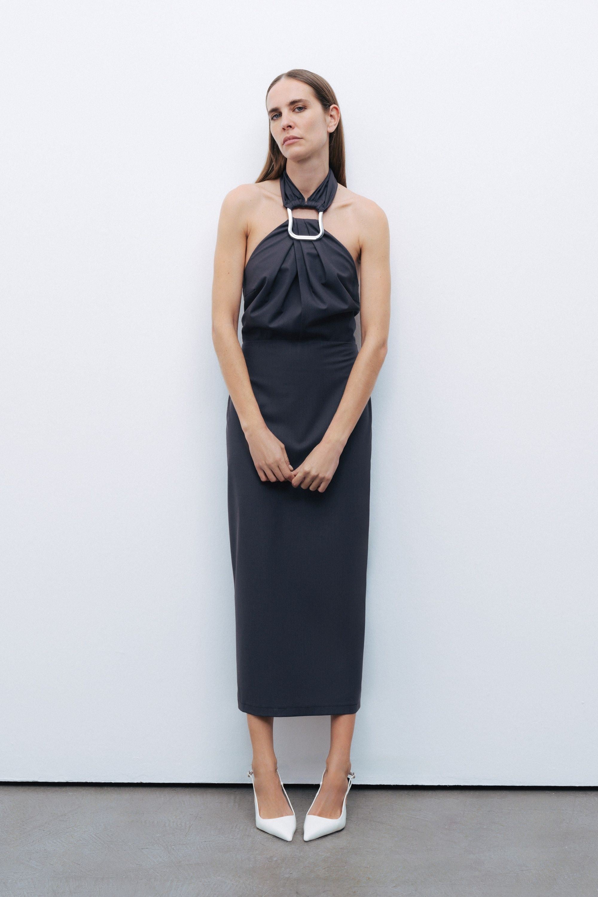 Anthracite Halter Neck Midi Dress