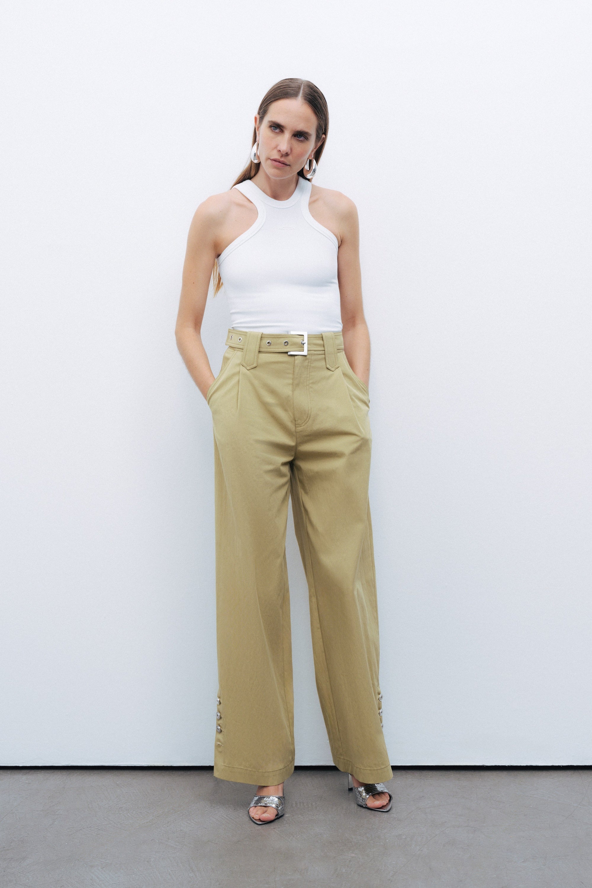Metal Buckle Detailed Belted Pants