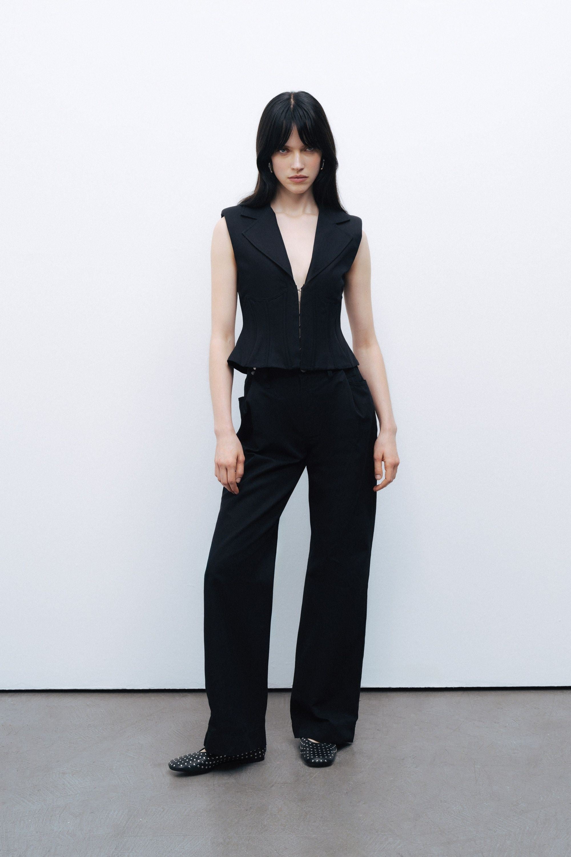 Black Linen Blend Waist Detailed Trousers