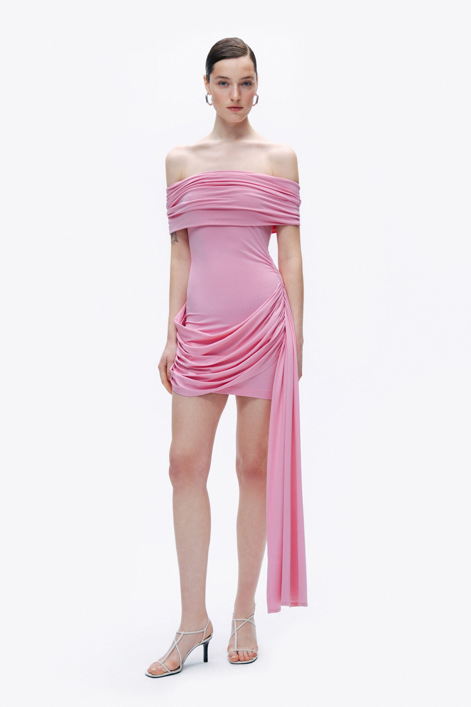 Pink Off Shoulder Draped Mini Dress