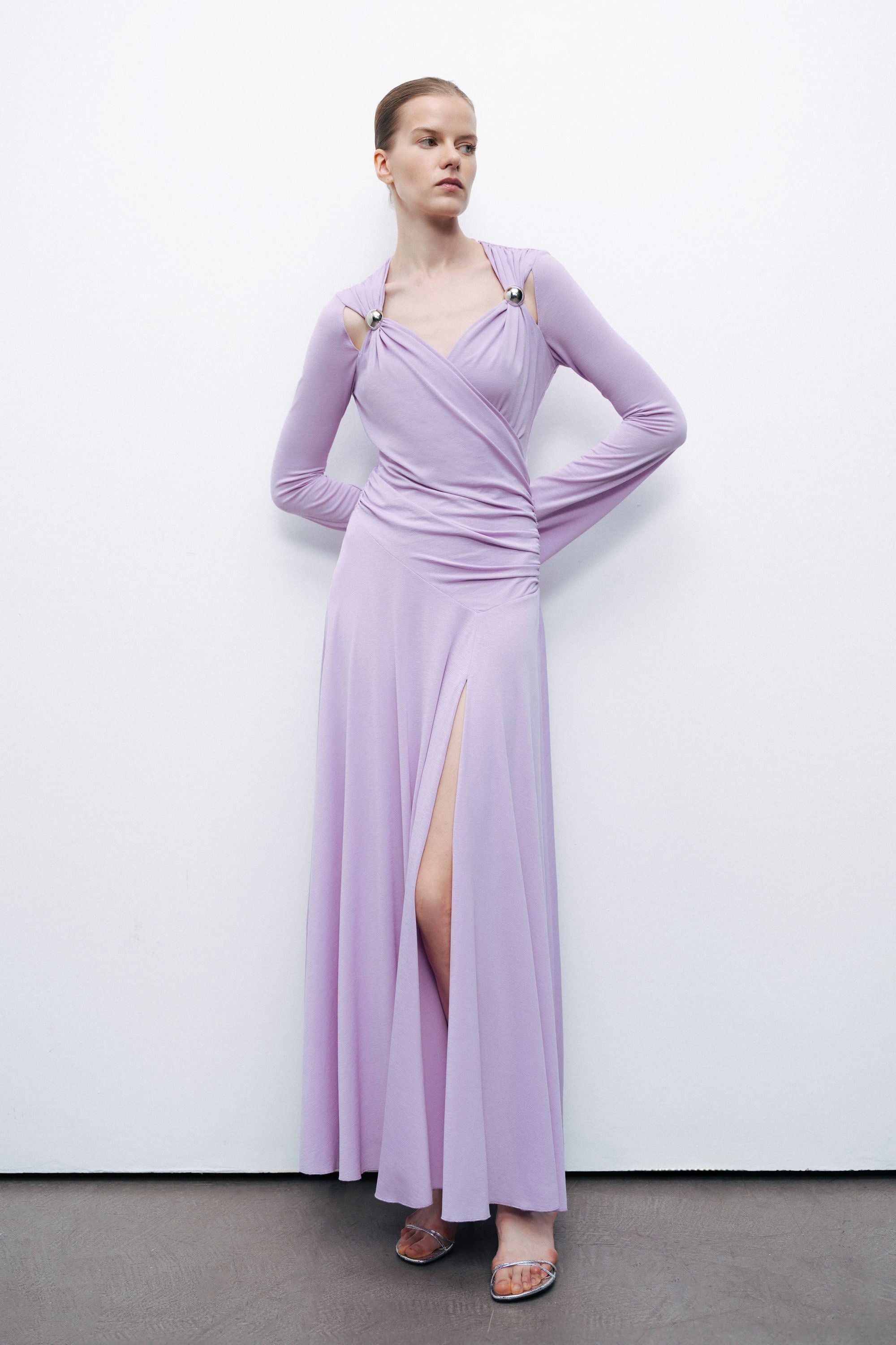 Lilac Long Sleeve Maxi Dress with Accessory Detail