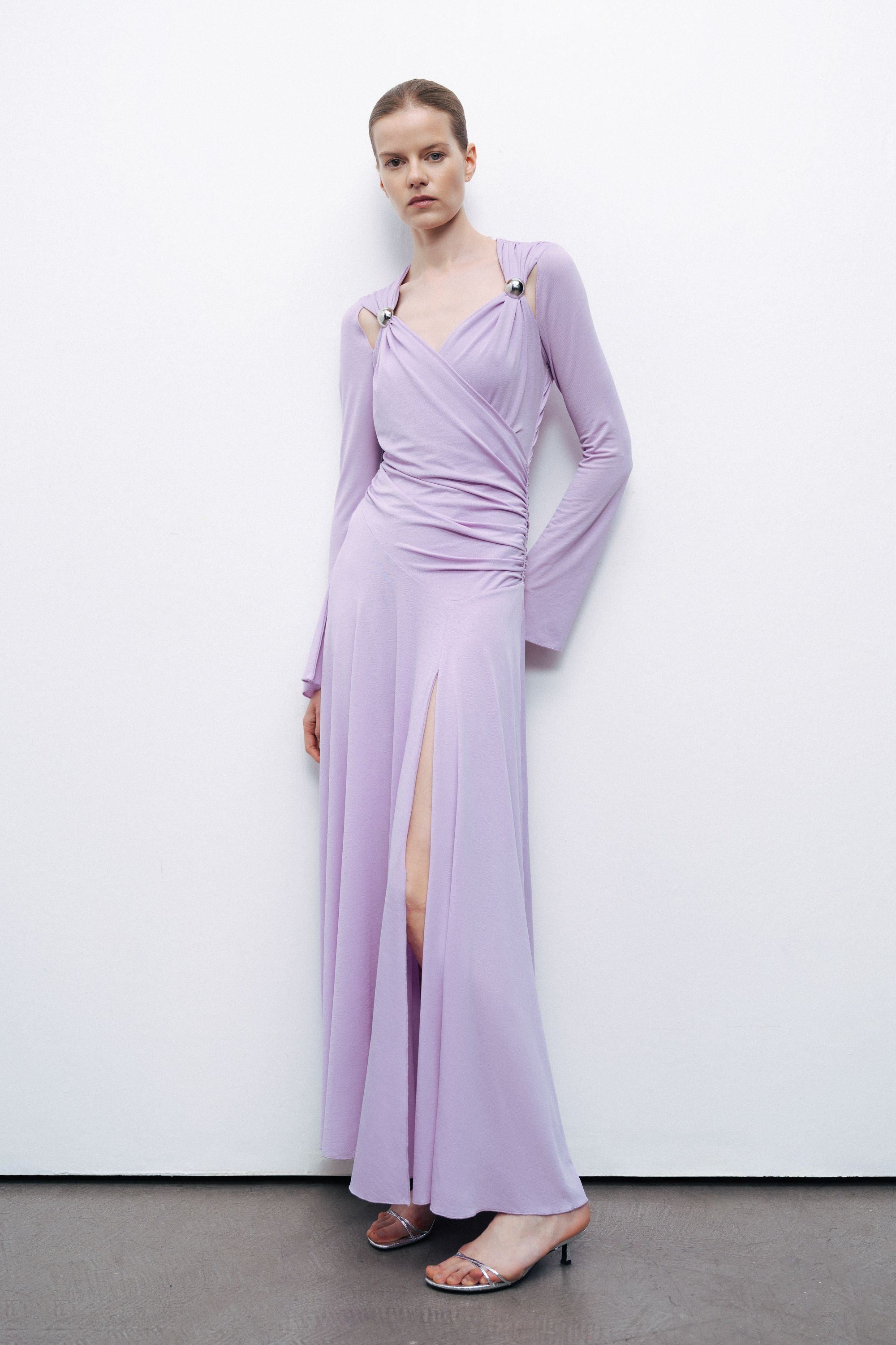 Lilac Long Sleeve Maxi Dress with Accessory Detail