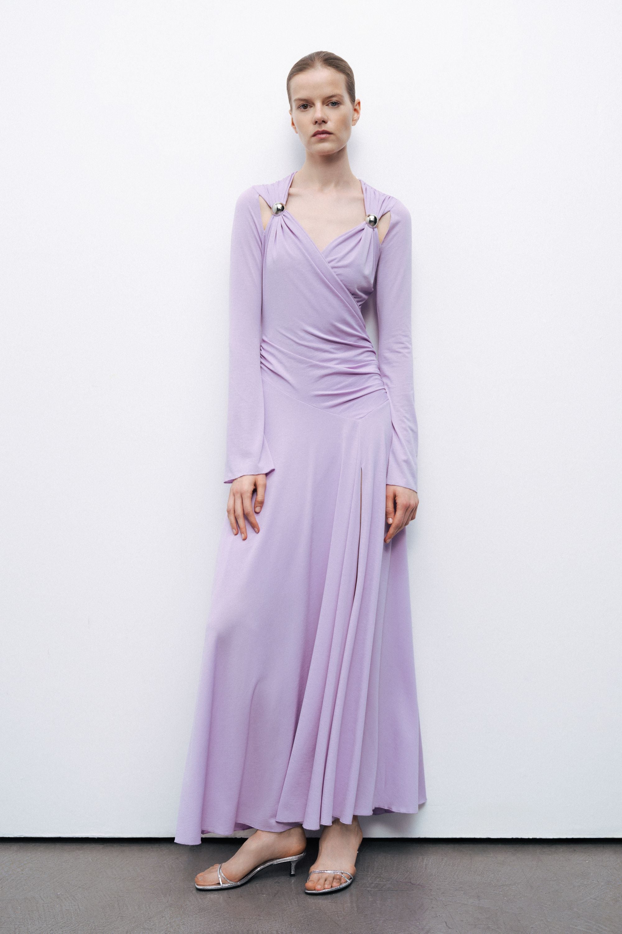 Lilac Long Sleeve Maxi Dress with Accessory Detail