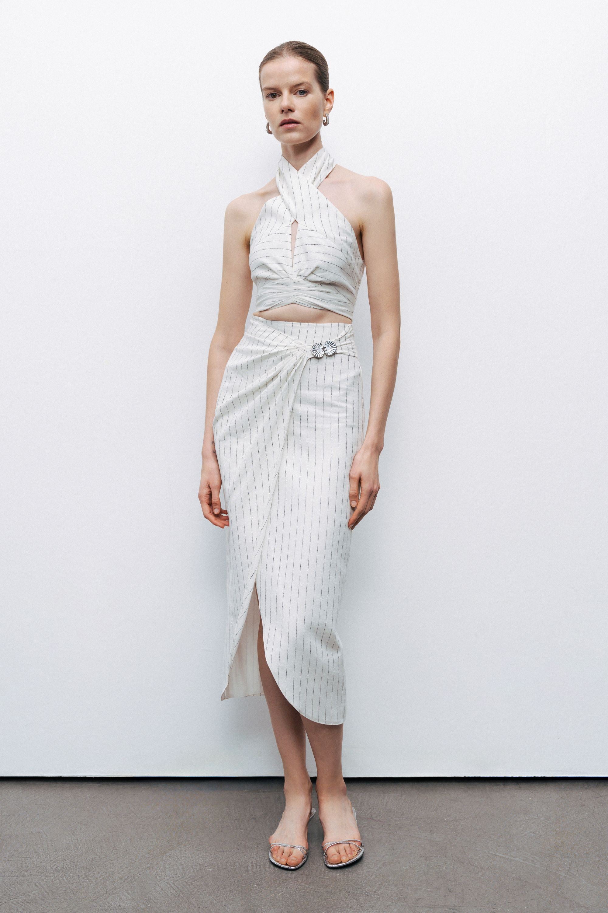 Ecru Linen Blend Halter Neck Blouse with Tie Detail