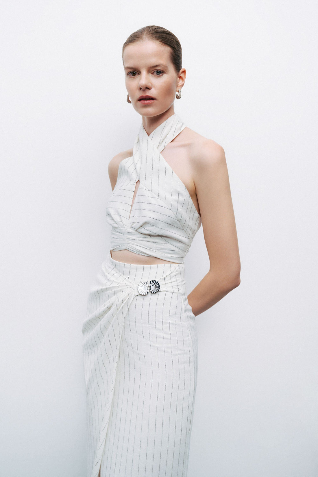 Ecru Linen Blend Halter Neck Blouse with Tie Detail