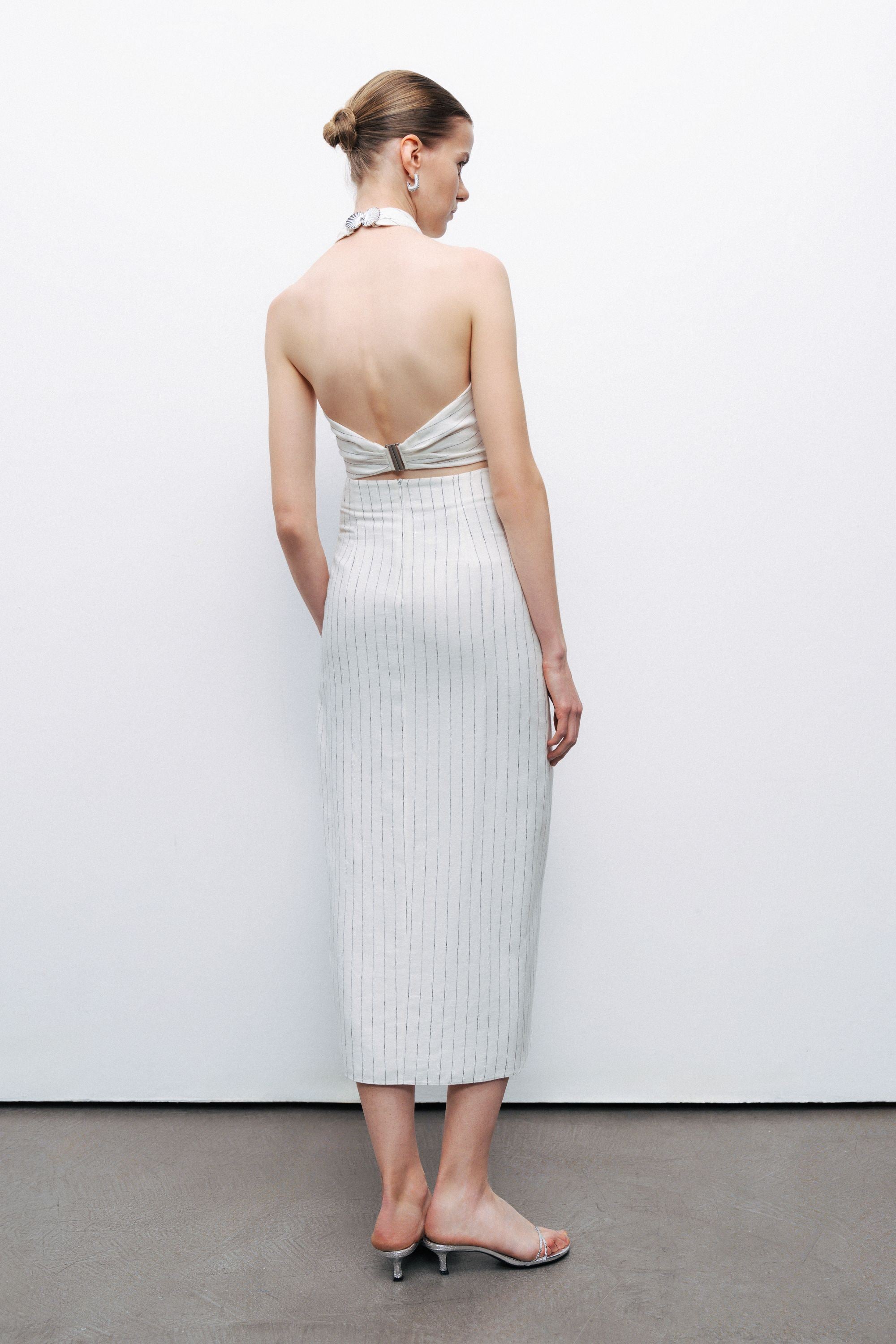 Ecru Linen Blend Halter Neck Blouse with Tie Detail